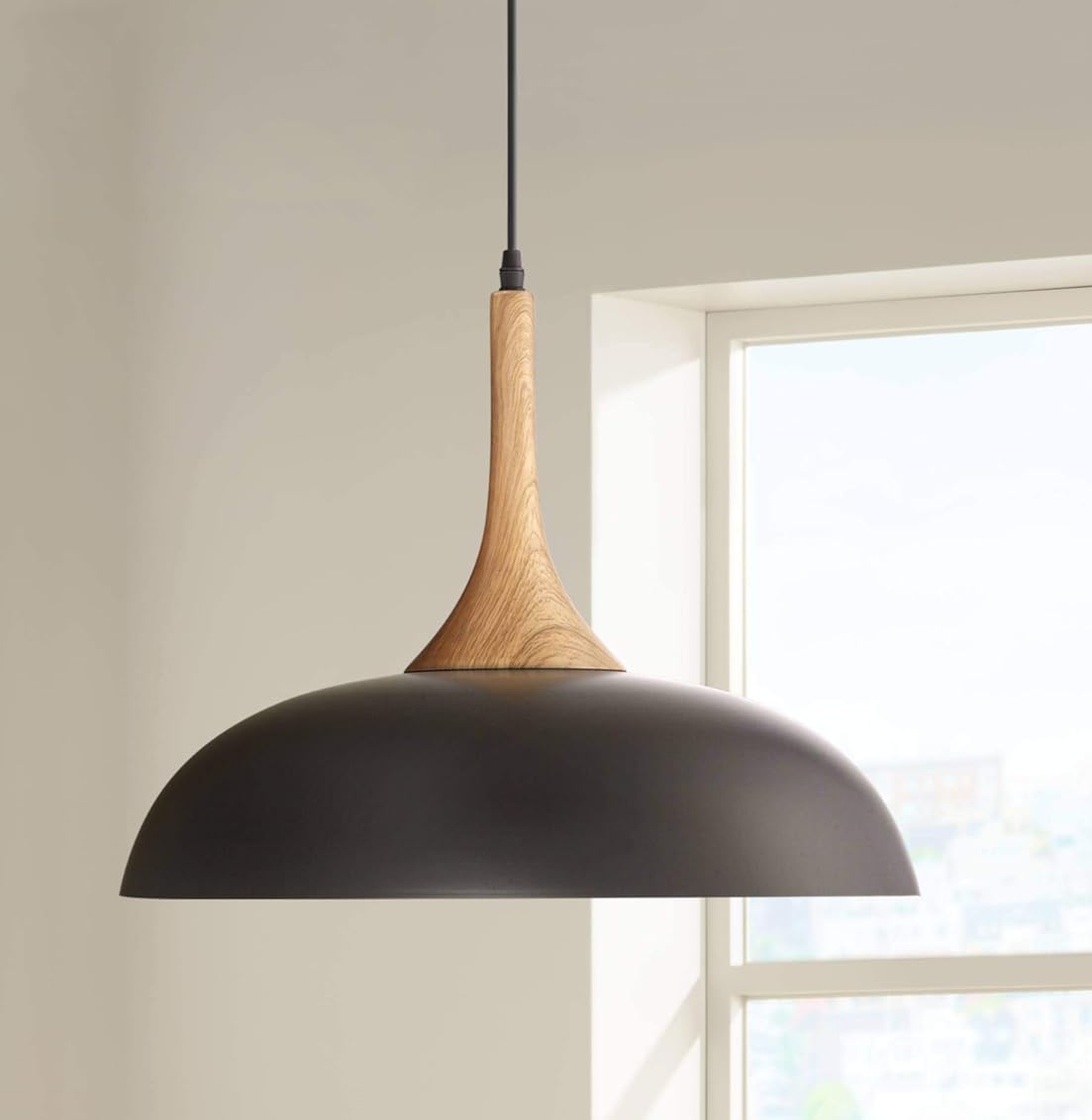 Possini Euro Design Felton Black Aluminum Wood Finish Small Pendant Light 17 3/4