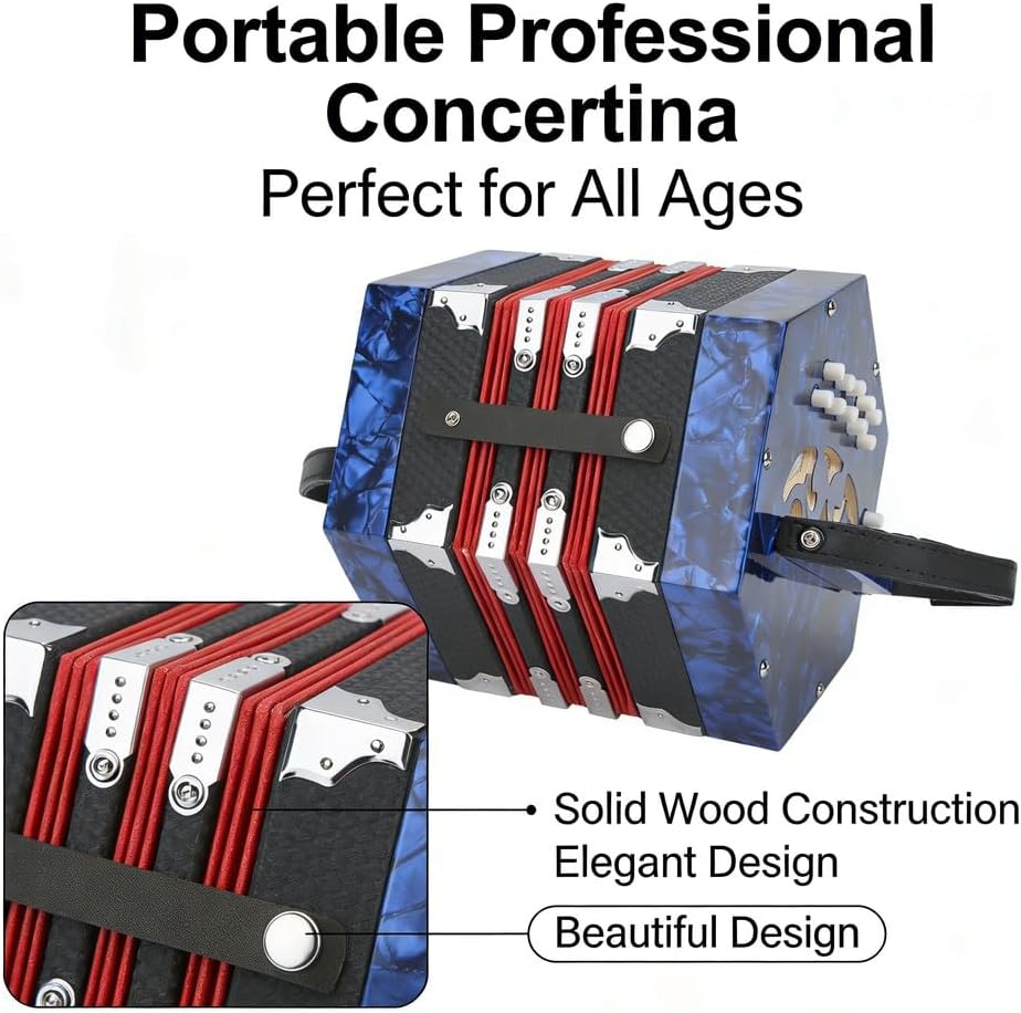 Concertina Accordion, Portable Professional Musical Instrument, Solid Wood Leather Celluloid, 18 x 17 x 17cm, 3 Colors - Adjustable Hand Strap, Beginner Friendly, Ideal for Adult (Jewel Blue)