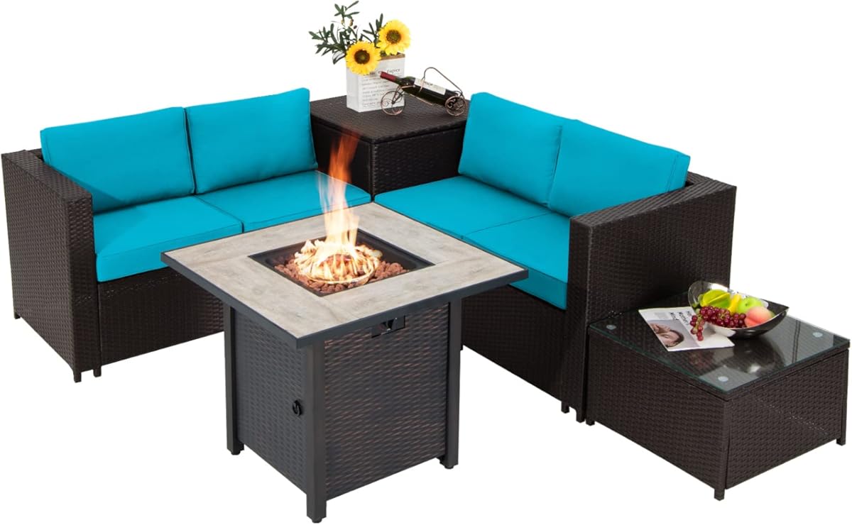 Tangkula 5 Piece Patio Furniture Set with 30 Inches 50,000 BTU Gas Fire Pit Table, Outdoor Wicker Conversation Sectional Sofa Set with Storage Box and Coffee Table, for Poolside, Deck (Turquoise)