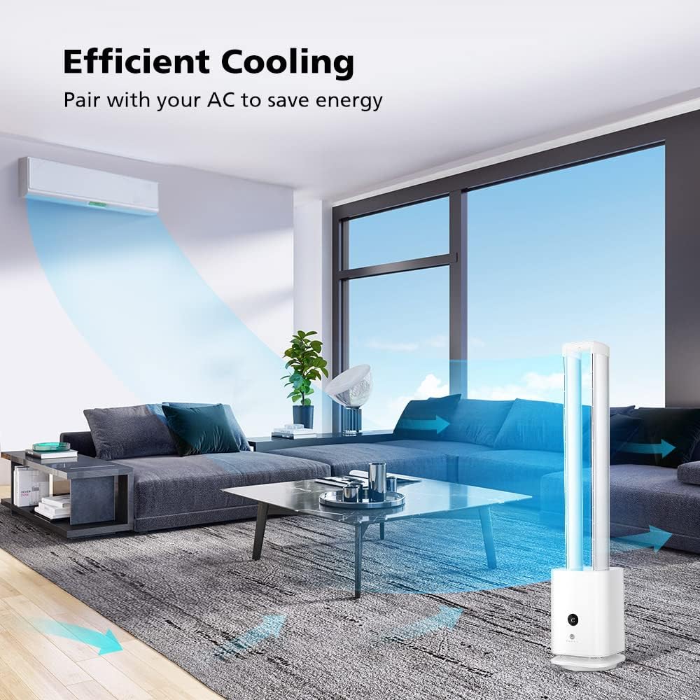 ULTTY Bladeless Tower Fan and Air Purifier in one, Bedroom Fan with HEPA Filter 99.97% Smoke Dust Pollen Dander, 42 Inch 90° Oscillating Tower Fan with Remote, Touch, 8H Timer