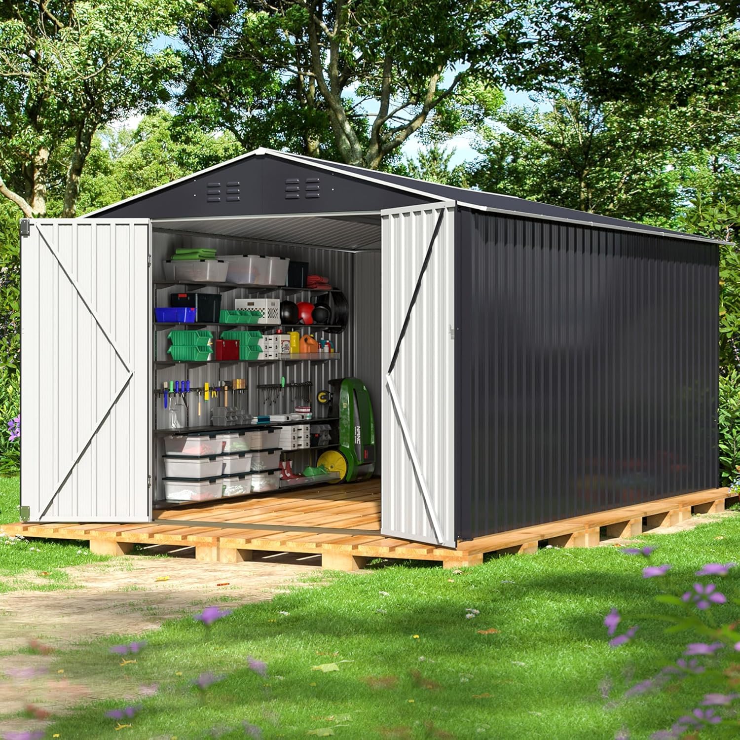 Polar Aurora 8x11.7 FT Outdoor Storage Shed, Metal Garden Shed with Updated Frame Structure, Tool Sheds for Backyard Garden Patio Lawn Black