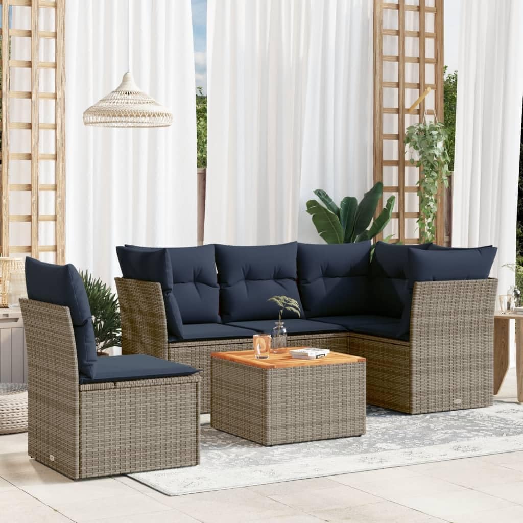 6 Piece Gray Poly Rattan Patio Sofa Set, Outdoor Sectional Furniture with Cushions, Acacia Wood Tabletop, UV-Proof, for Backyard Balcony