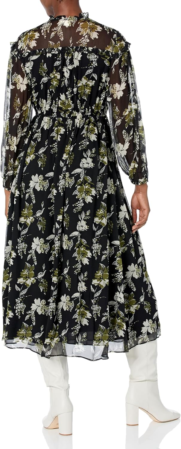 Shoshanna Womens Arya Olive Leaf Floral Print Long Sleeve Midi Dress