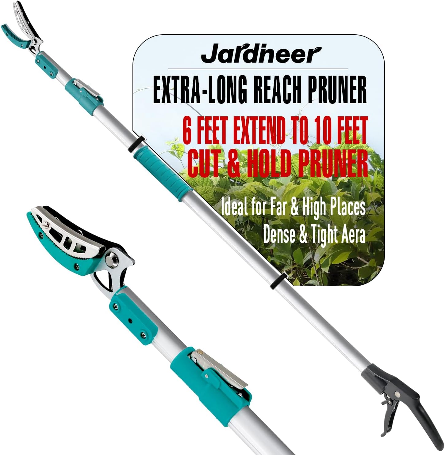 JARDINEER Lightweight Tree Pruner Extendable, 6-10ft Tree Trimmers Long Handle Pruner, Ergonomic Grip Long Reach Cut & Hold Pole Pruner and Stable Fruit Picker Pole