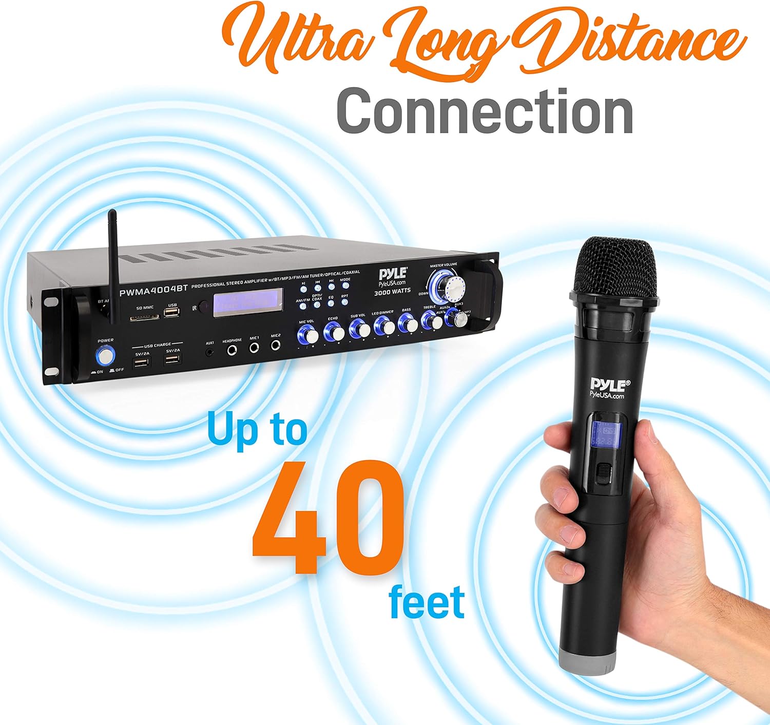 Pyle Bluetooth Multi-Channel Hybrid Pre-Amplifier System - 3000W Home Audio Rack Mount Stereo Power Amplifier Receiver w/ Radio, USB, UHF, Dual Wireless Karaoke mic, Speaker Sound System - PWMA4004BT