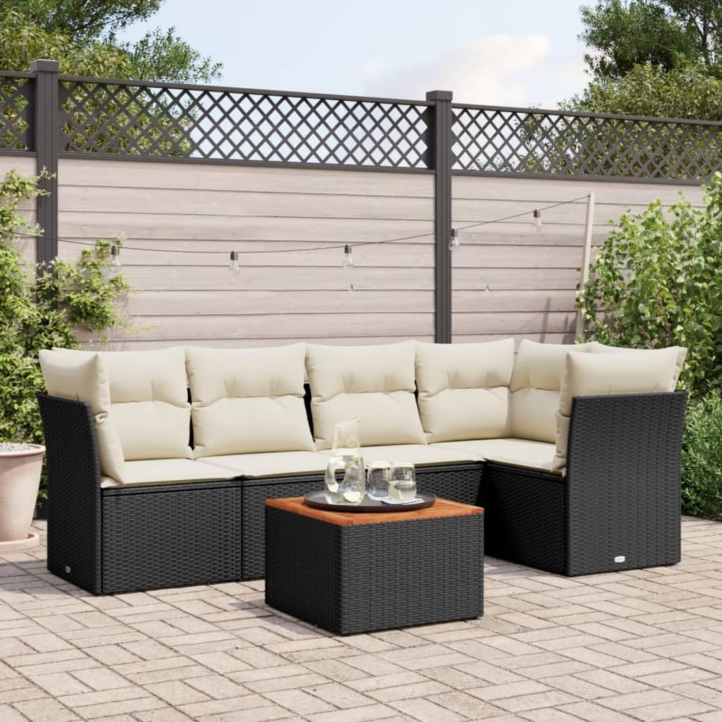 Garden Sofa Set Black, Cream White Cushions, 5-Seater Modular Outdoor Patio Furniture, Poly Rattan Steel Frame, Balcony Dining Table Chairs