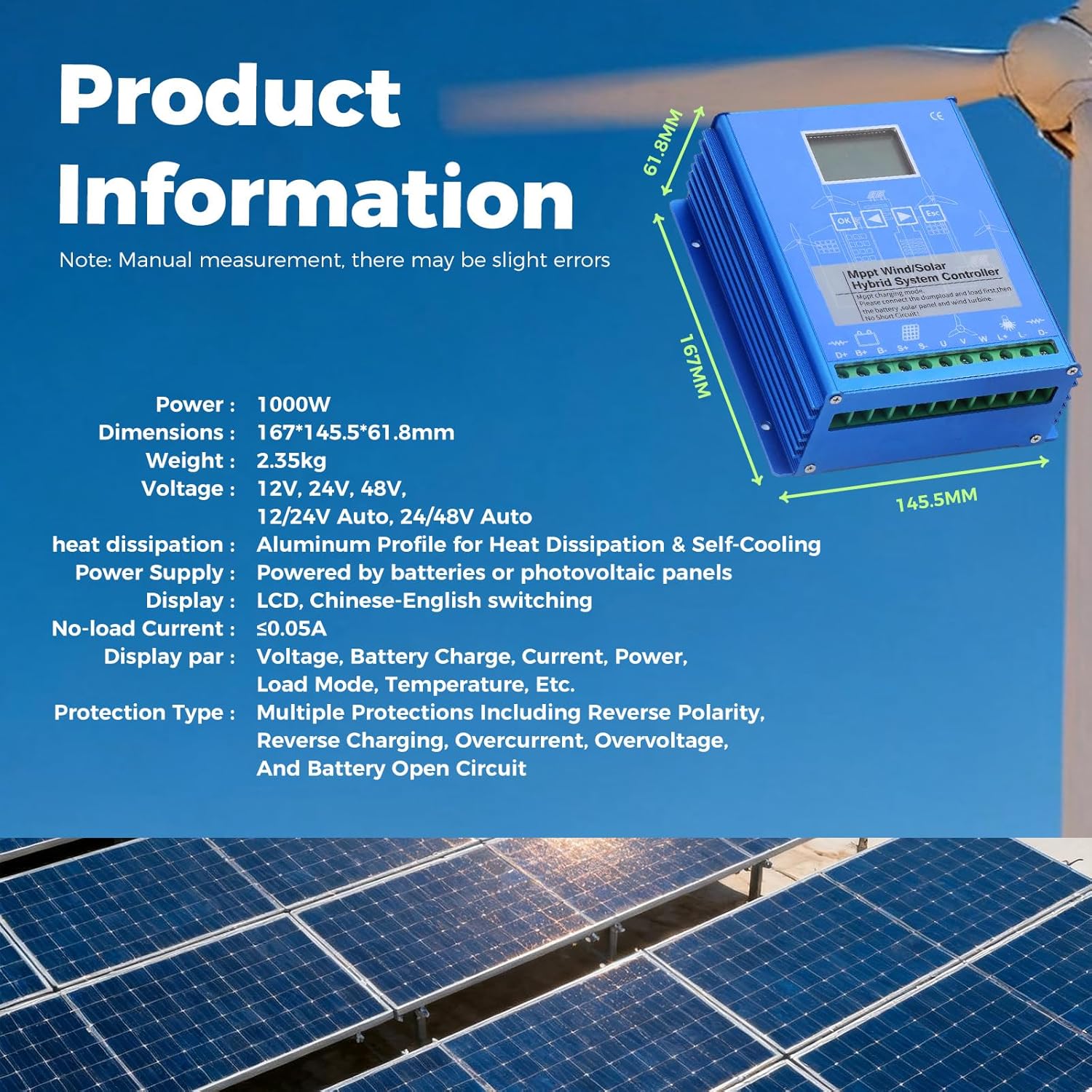 Hybrid Wind Solar Controller auto 12/24/48v 1000W Solar Wind Controller Solar and Wind Charge Controller Wind/Solar Hybrid System Controller 1000W-24/48VAuto