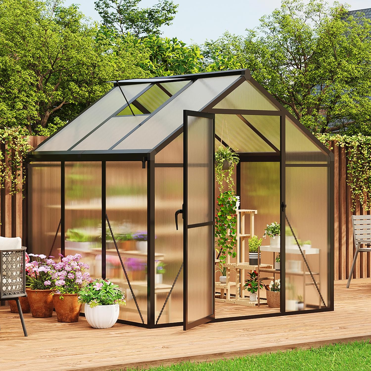 Greenhouse, 6x6 Ft Outdoor Greenhouses, Greenhouse Kit, Portablee Greenhouses with Ground Nails and Vent Windows, Sliding Lockable Door, Polycarbonate Green House for Outside Garden Backyard, Black