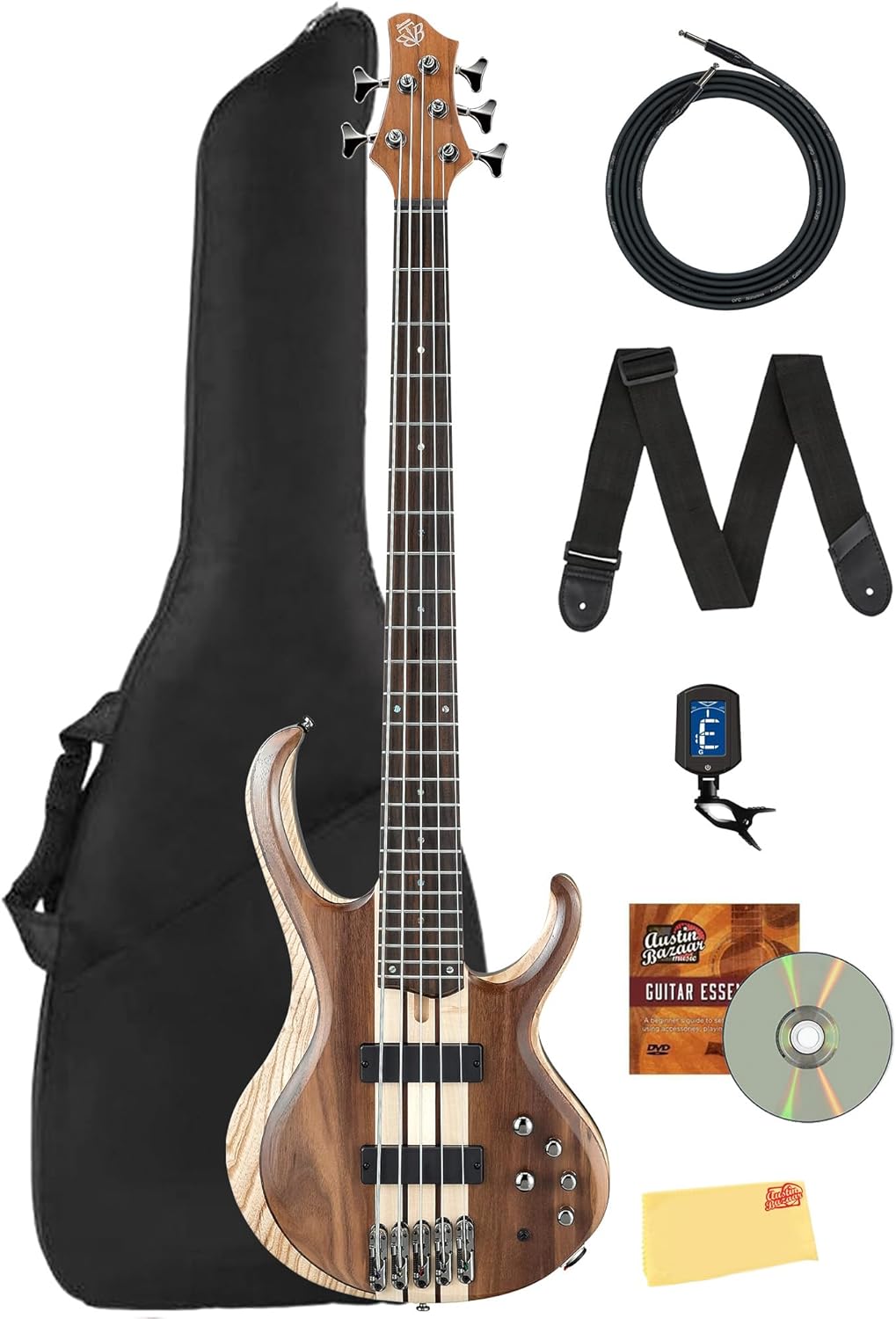 Ibanez BTB745 Standard 5-String Bass Guitar - Natural Low Gloss Bundle with Gig Bag, Tuner, Strap, Instrument Cable, Austin Bazaar Instructional DVD, and Polishing Cloth