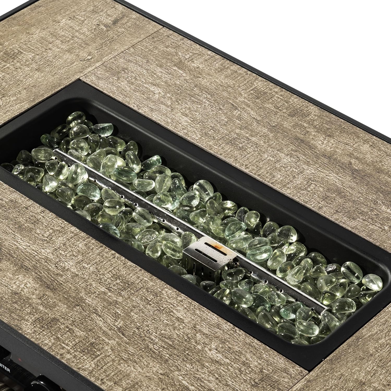 50000BTU 32-inch Rectangular Steel Propane Fire Pit Table with Ceramic Top PE Rattan Finish Beige Electronic Ignition Rain Cover Glass Rocks Included