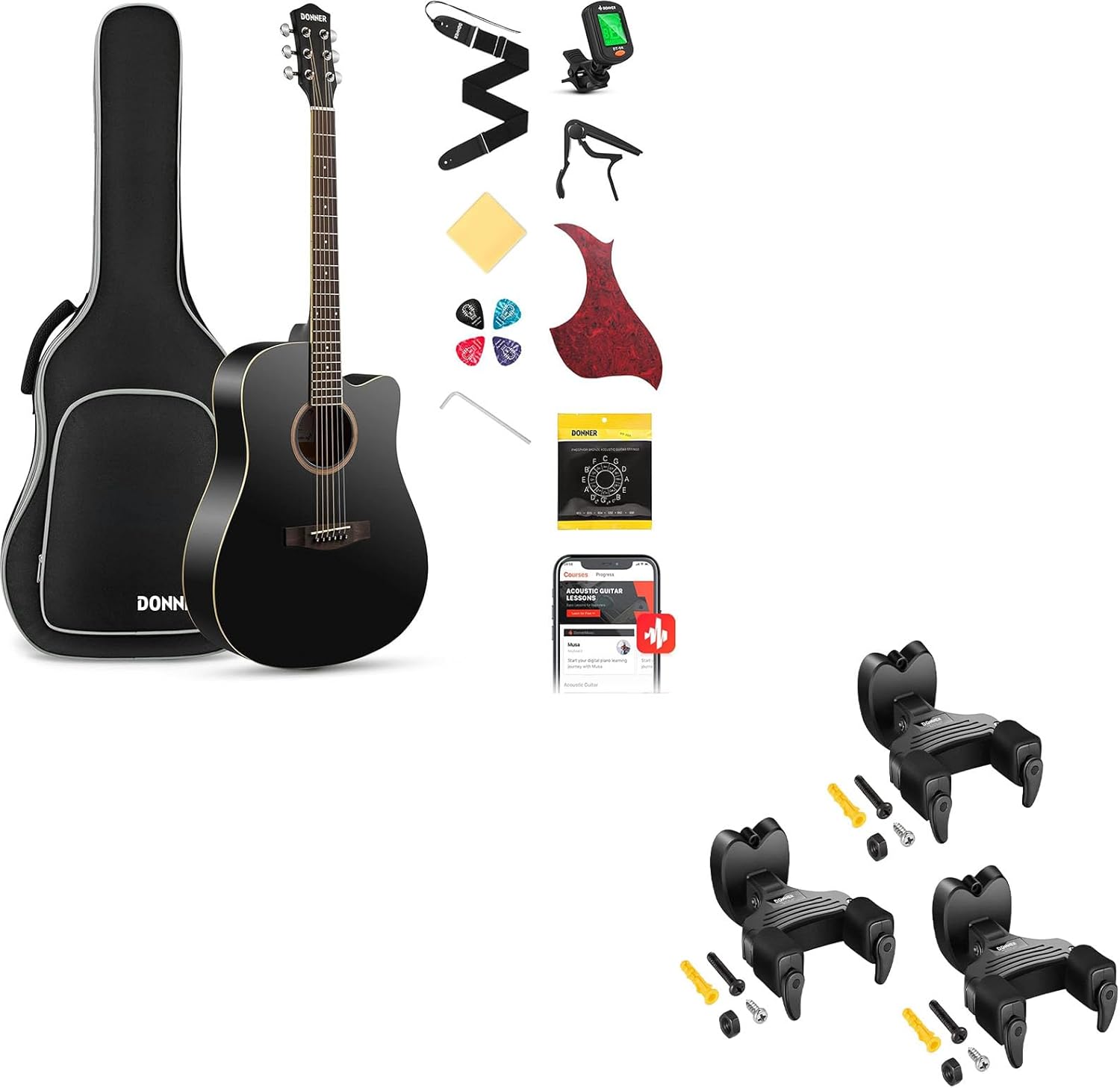 Donner Black Acoustic Guitar Kit-Guitar Wall Mount Locking