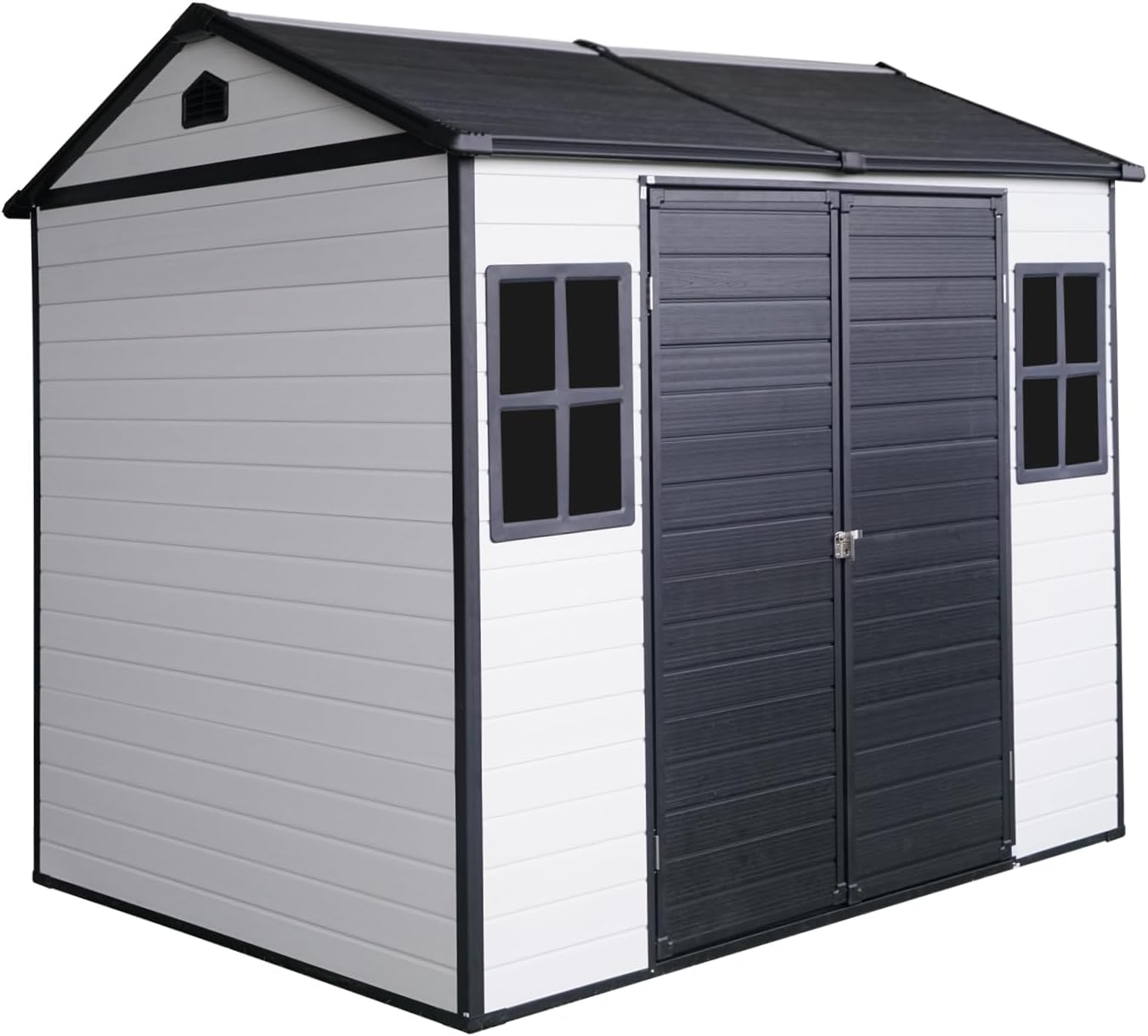 8x6 FT Resin Outdoor Storage Shed with Floor, Two Windows, Air Vents & Lockable Door, Weatherproof Garden Tool Shed for Backyard, Patio or Lawn Equipment, Grey White