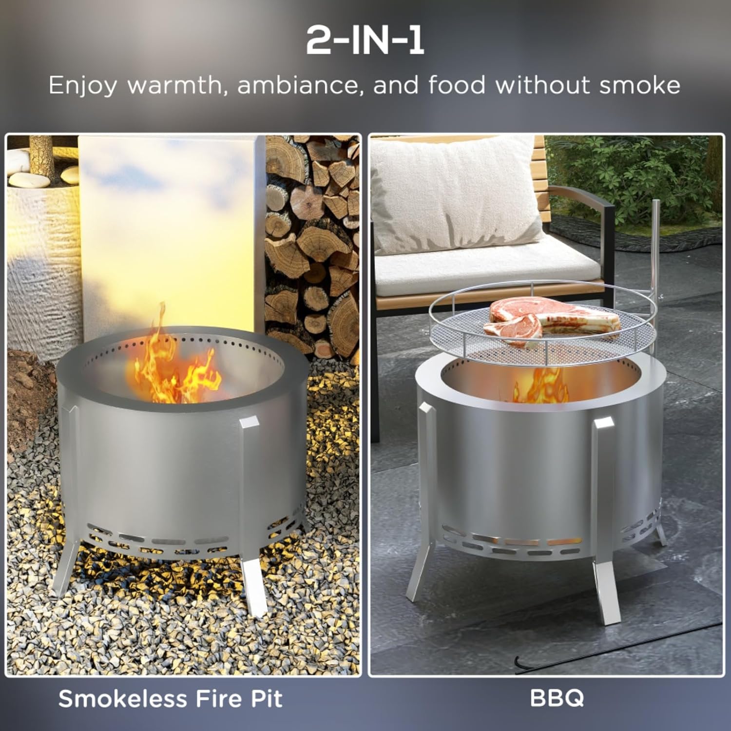 Stainless Steel 2-in-1 Smokeless Fire Pit, BBQ Grill, 19