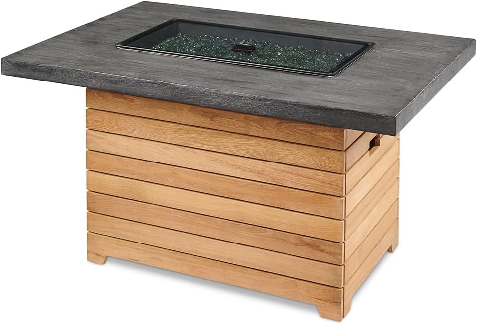 Outdoor GreatRoom Co Propane Fire Pit Table - Darien Gas Fire Pits for Outside Patio - 44 Inch Rectangular Everblend Concrete Firepit Fire Table, Wood Base, Glass Tabletop Cover, 55,000 BTU - Grey