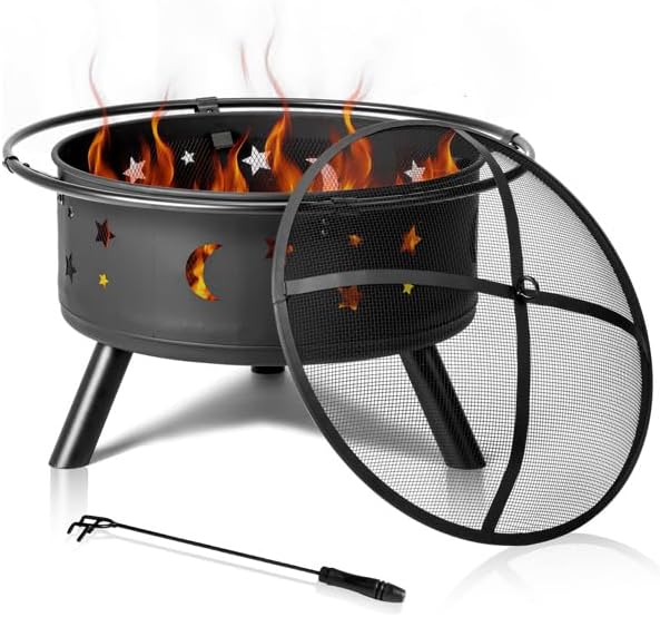 30IN Metal Fire Pit, Outdoor Black Fire Pit with Mesh Screen Lid & Poker, Heavy Duty Iron Fire Bowl for Patio Garden Backyard, Fireplace for Warmth & Camping Bonfire
