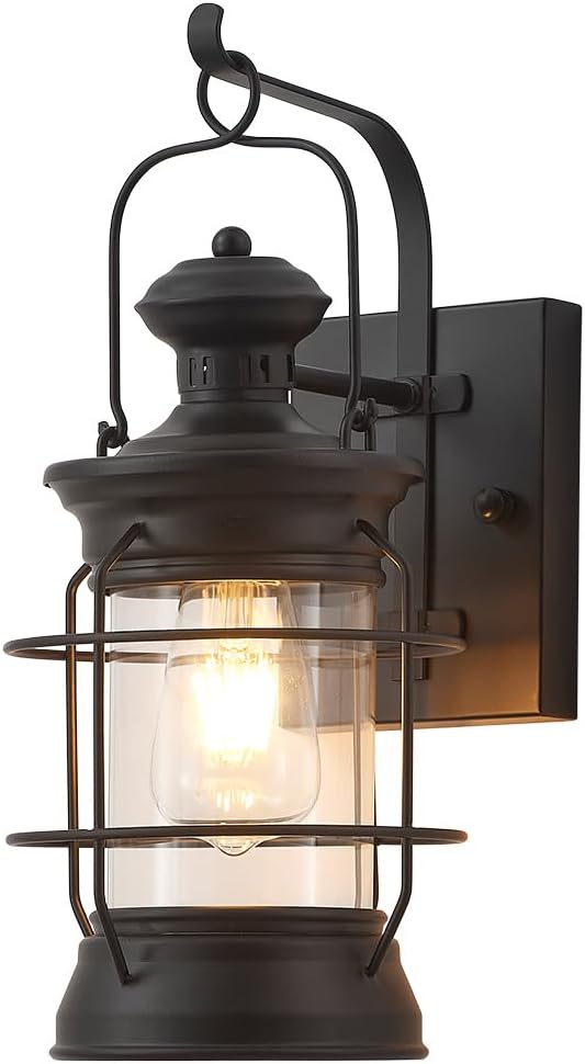 YLONG-ZS Rustic Lantern Wall Sconce Porch Light Fixtures,Black Farmhouse Indoor Outdoor Lantern Wall Lamp , Wall Lantern Lights Sconce with Clear Glass Shade for Porch House Outside,Corridor
