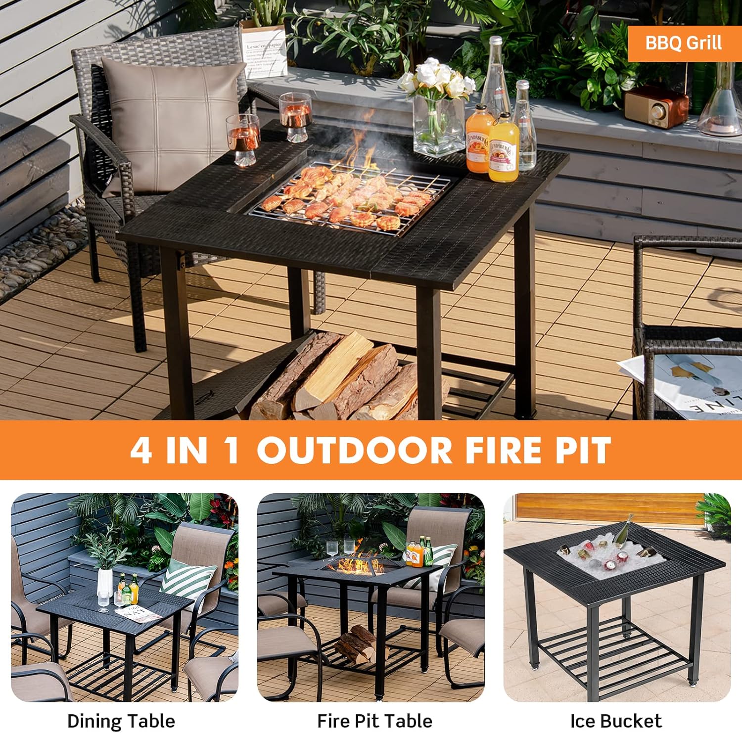 Giantex 4-in-1 Wood Burning Fire Pit, Square Firepit Table with Mesh Cover, Removable Lid, Cooking Grate, Log Grate and Fire Poker, Outdoor Fire Table for Garden Poolside Balcony