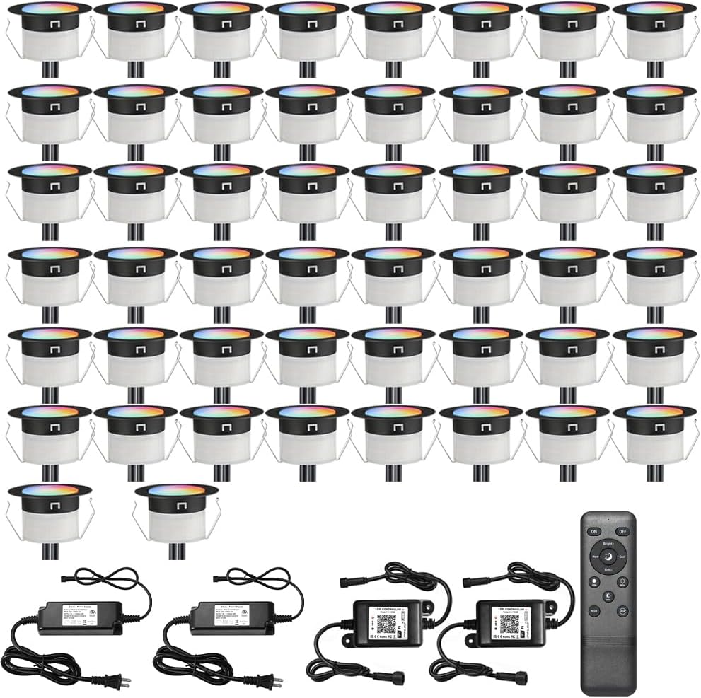 Sumaote LED Deck Lights Kit Black Shell 50 pcs 1.22 Inch WiFi Smart Phone Control Low Voltage Recessed RGBW Deck Lamp Landscape In-ground Lighting Waterproof Outdoor Yard Path Stair Decor