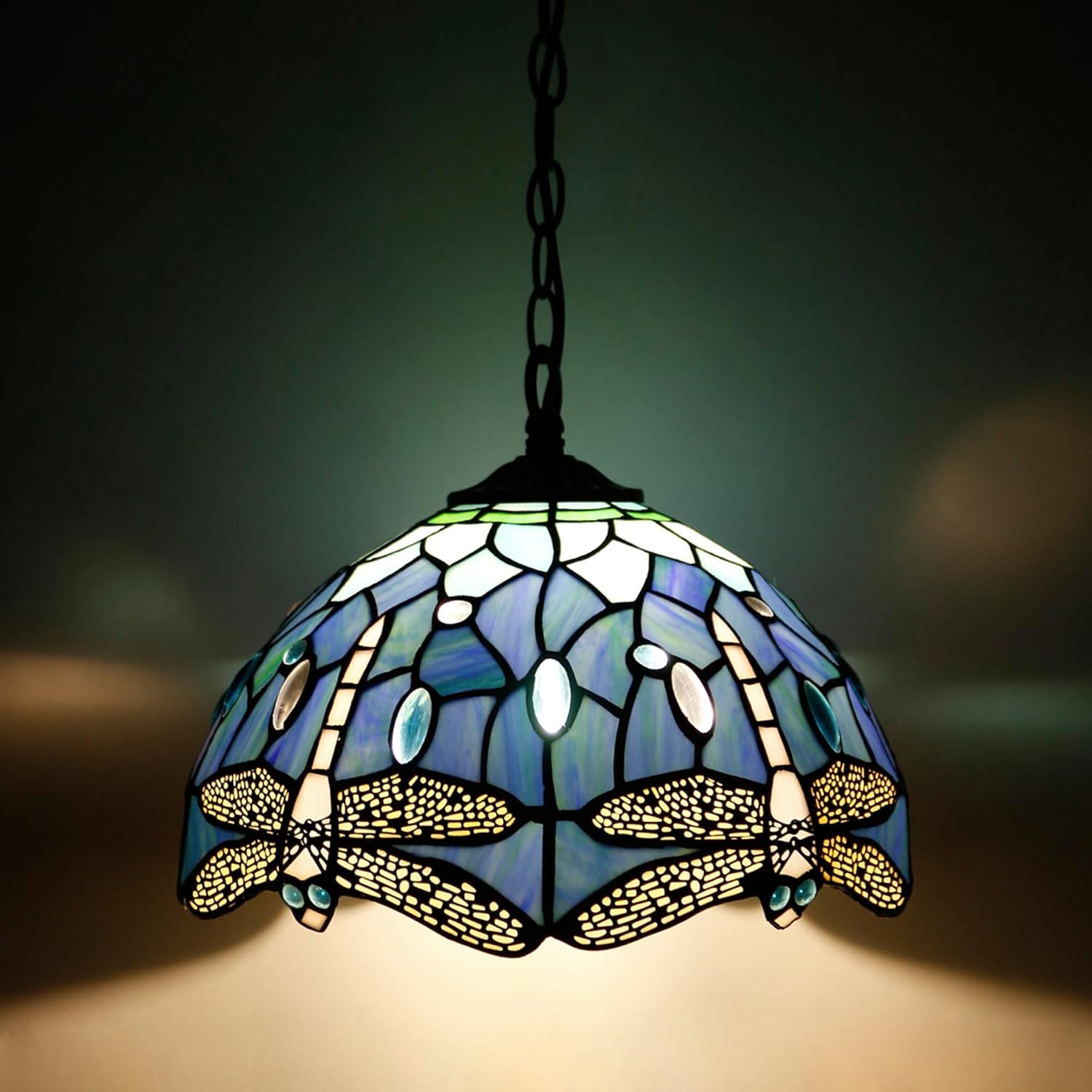 Tiffany Pendant Light Plug in Stained Glass Hanging Lamp Wide 12 Inch, Chain 33 Inch, Cord 15 Feet -Sea Blue Dragonfly