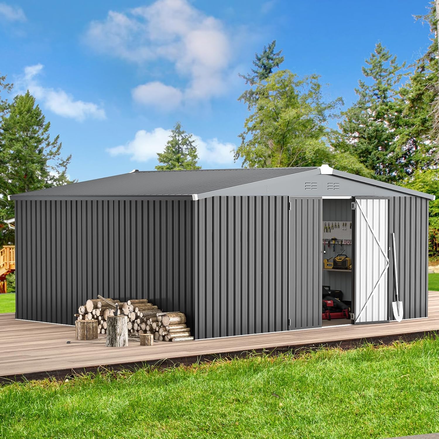 AECOJOY Shed 12' x 14' Storage Shed, Outdoor Metal Storage Sheds & Outdoor Storage 14x12 with Lockable Doors, Large Steel Yard Shed, Utility Tool Storage for Garden, Patio, Outside use in Dark Grey