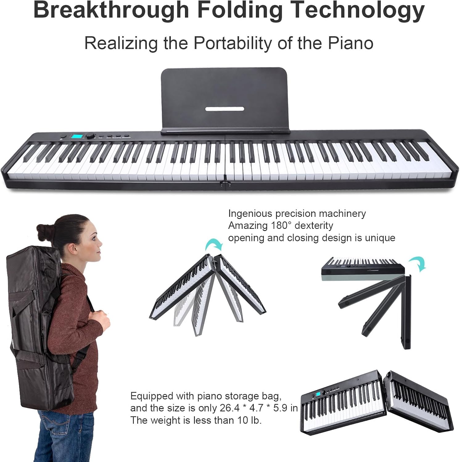 Portable Folding Piano Keyboard, 88 Key Semi-Weighted Digital Piano,Full Size Electric Piano Keyboard w/MIDI Bluetooth, Suitable for Beginner, Adult,Toddler, Kids