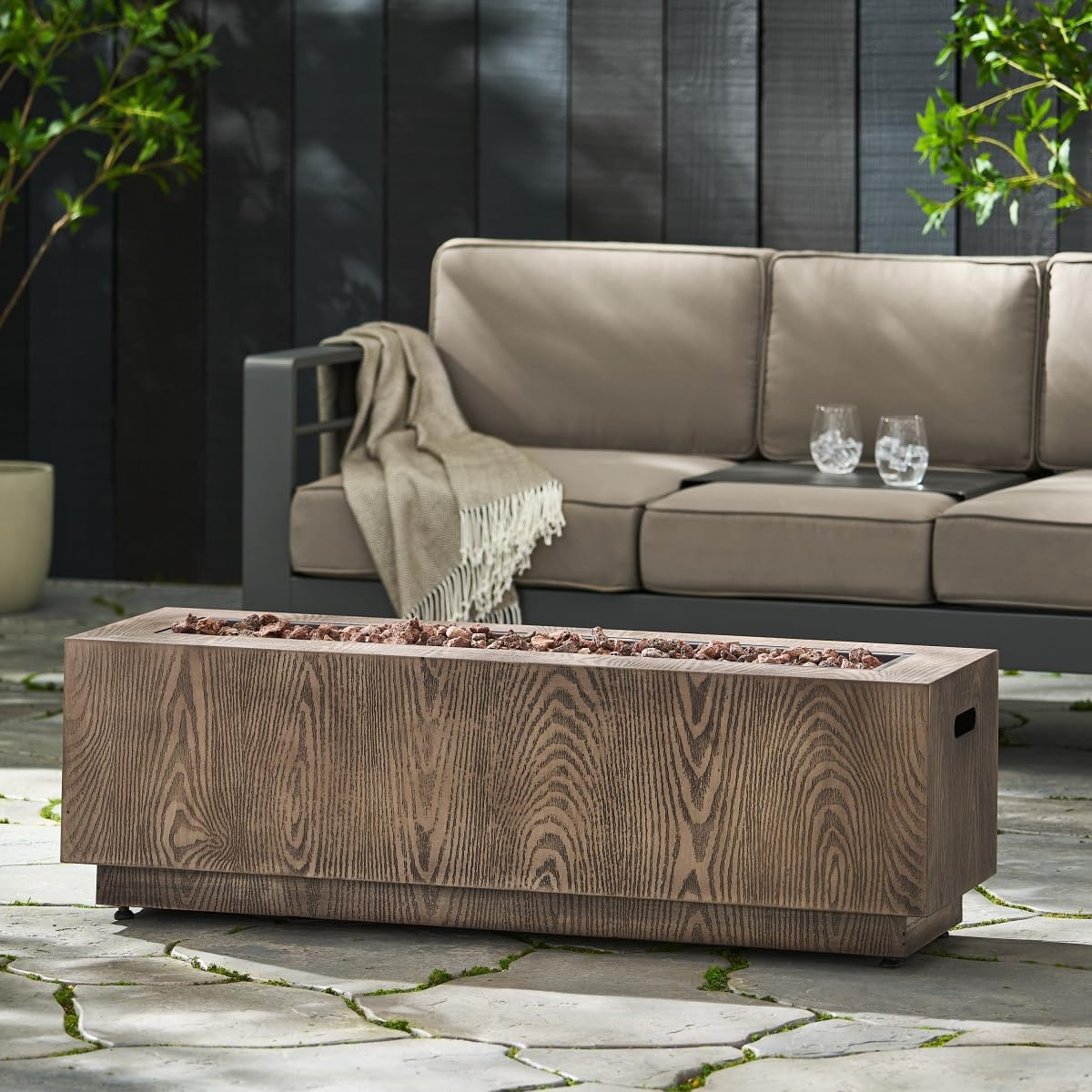 48-inch Rectangle Propane Fire Pit Table, 50,000 BTU Outdoor Iron Fire Pit with Brown Wood Pattern for Patio, Garden, Backyard Gatherings