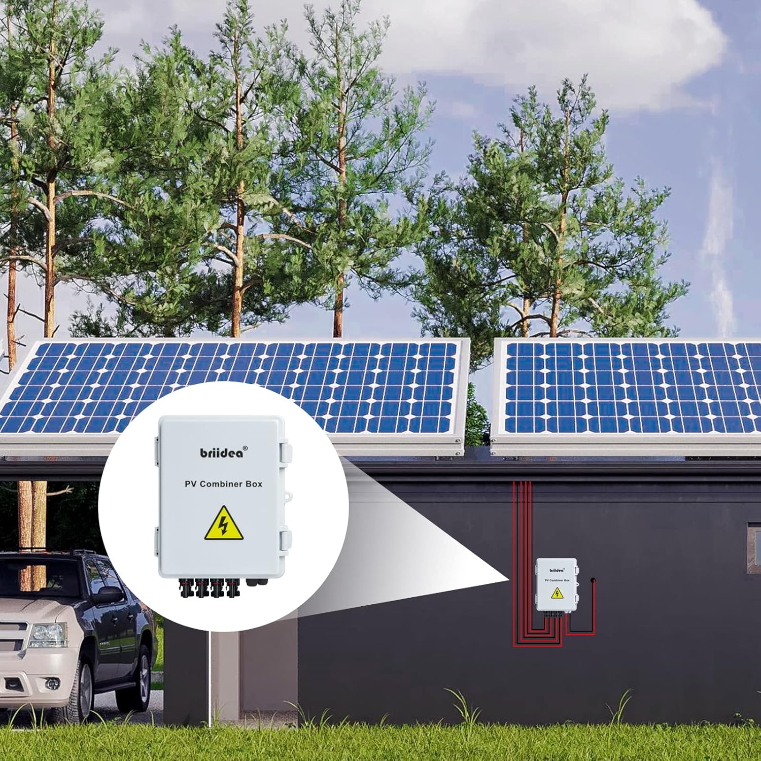 Solar Combiner Box, Briidea 4-String PV Combiner Box with 10A Circuit Breakers & Lightning Arrester, IP65 Waterproof, for On-Grid & Off-Grid Solar Panel Systems