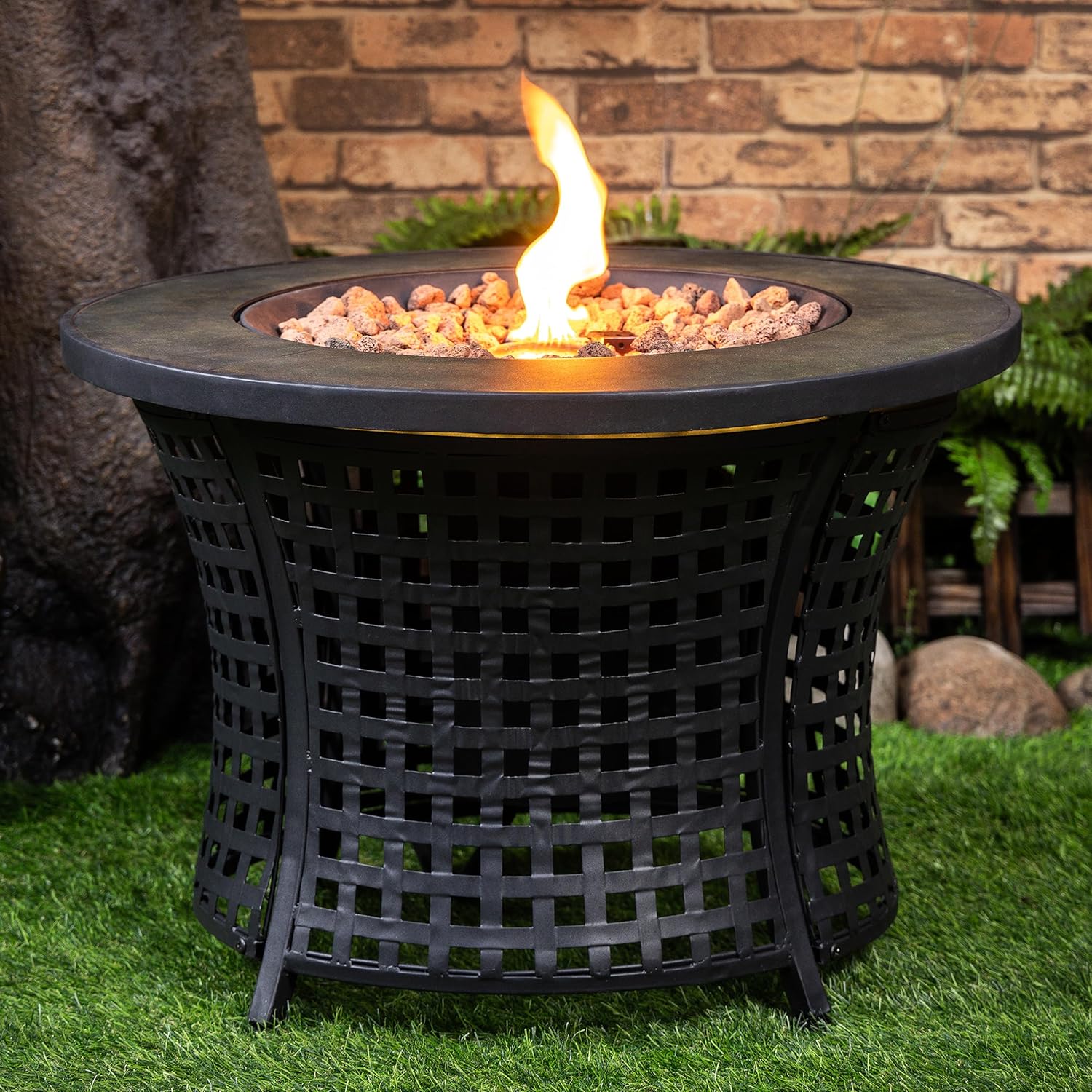 Round Outdoor Propane Gas Fire Pit Table 8,000 BTU Propane with Lava Rock Filler