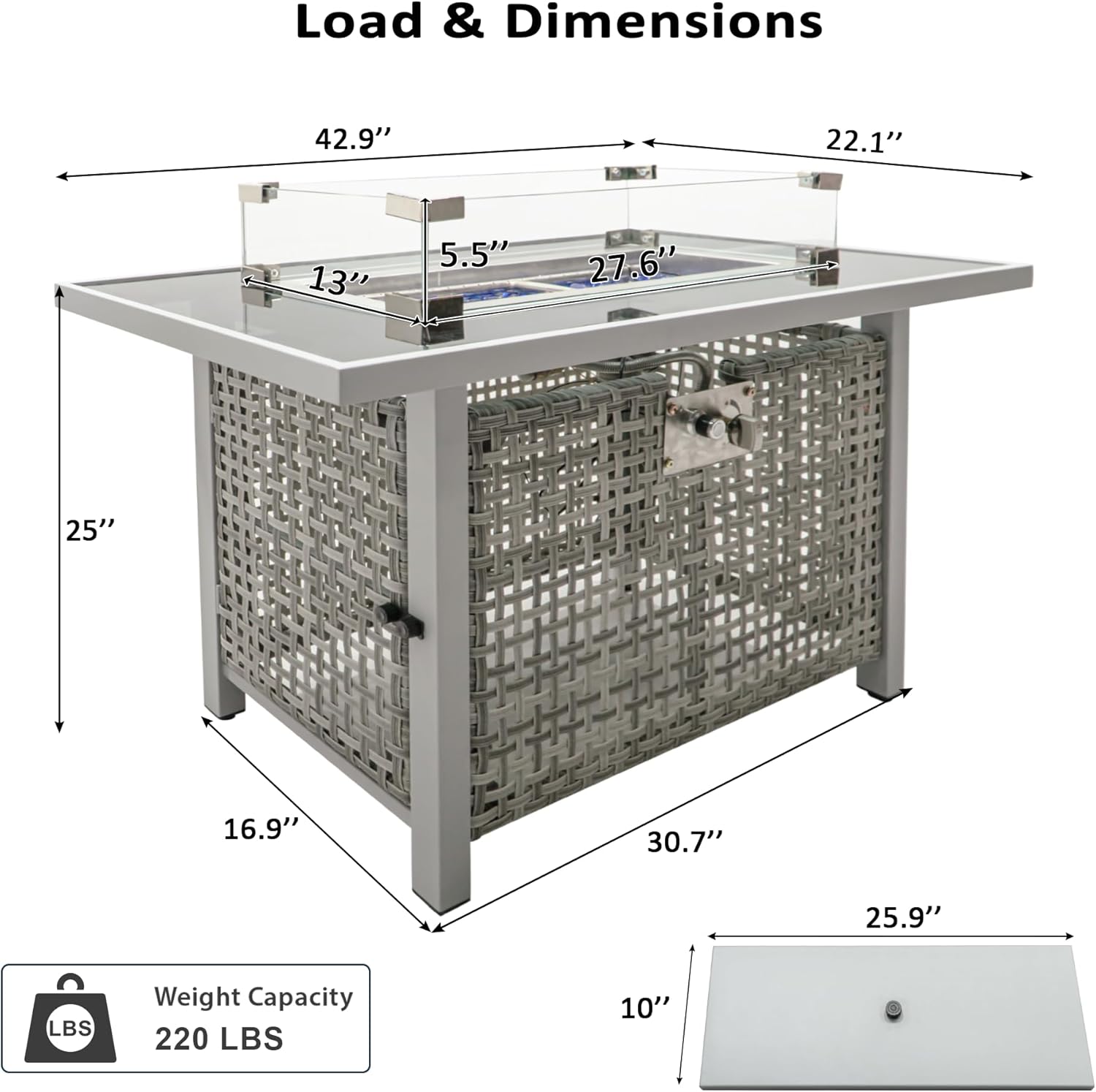 43 Inch Propane Fire Pit Table with Glass Wind Guard, 60,000 BTU Outdoor Rectangular Wicker Fire Pit for Patio, Grey Weave Design Fire Pit Table for Backyard Garden Deck, Not Included Propane & Cover