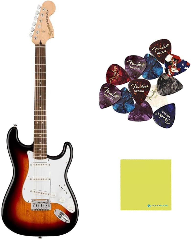 Squier Affinity Series™ Stratocaster®, Indian Laurel Fingerboard, 3-Color Sunburst - 0378000500 Bundle w/ 12-Pack Guitar Pick and Liquid Audio Polishing Cloth