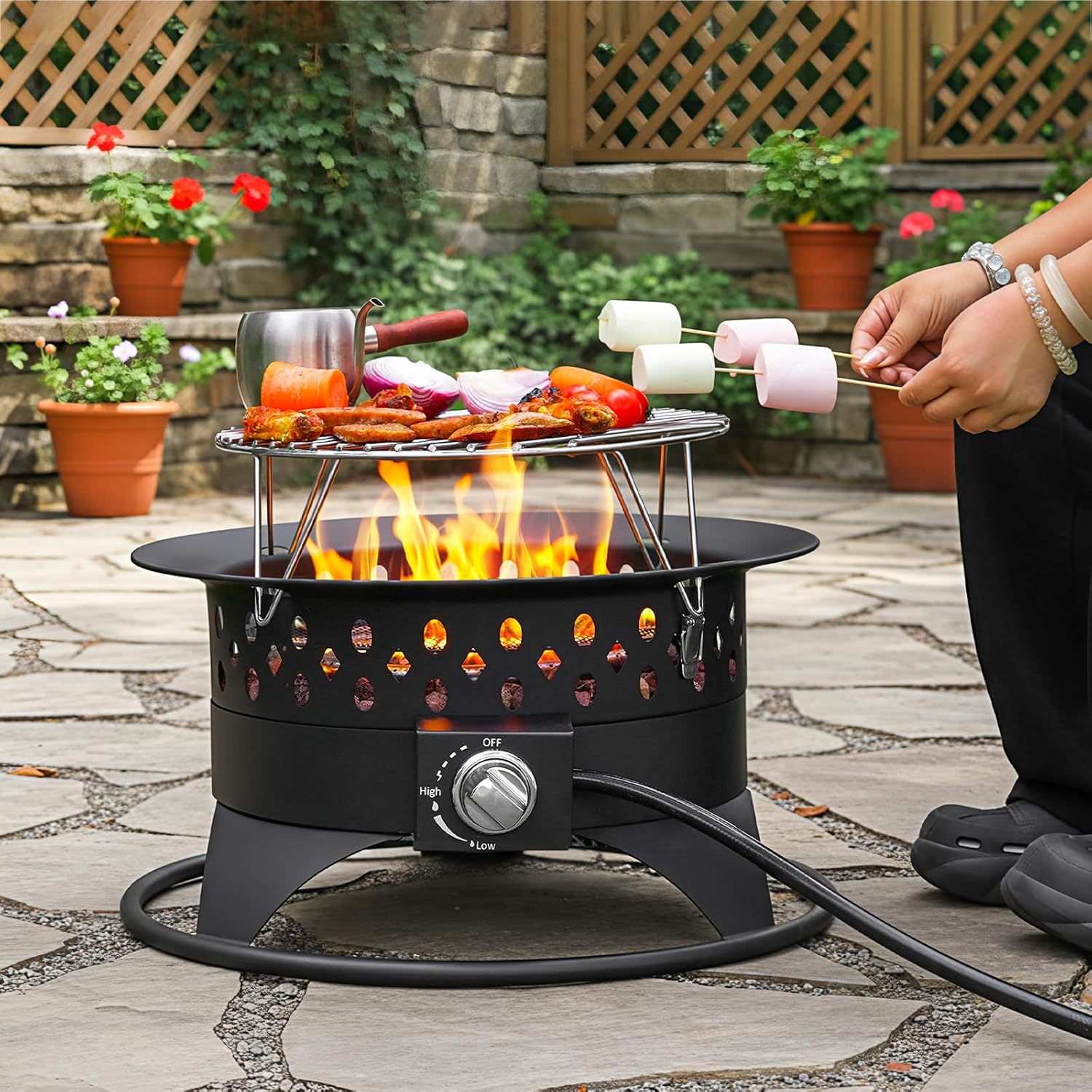 Breezz 20 Inch Propane Fire Pit with Grill, 60000 BTU Smokeless Gas Firepit for Outside Patio,with Foldable Cooking Grate & 7 lbs Lava Rocks, Adjustable Flame, Outdoor Camping BBQ
