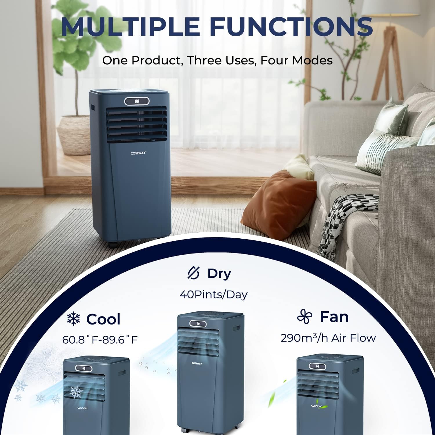 COSTWAY Portable Air Conditioner, 8000BTU Air Cooler with Drying, Fan, Sleep Mode, 2 Speeds, 24H Timer Function, Remote Control, Cools Room up to 230 Sq. ft, for Home, Window Kit Included