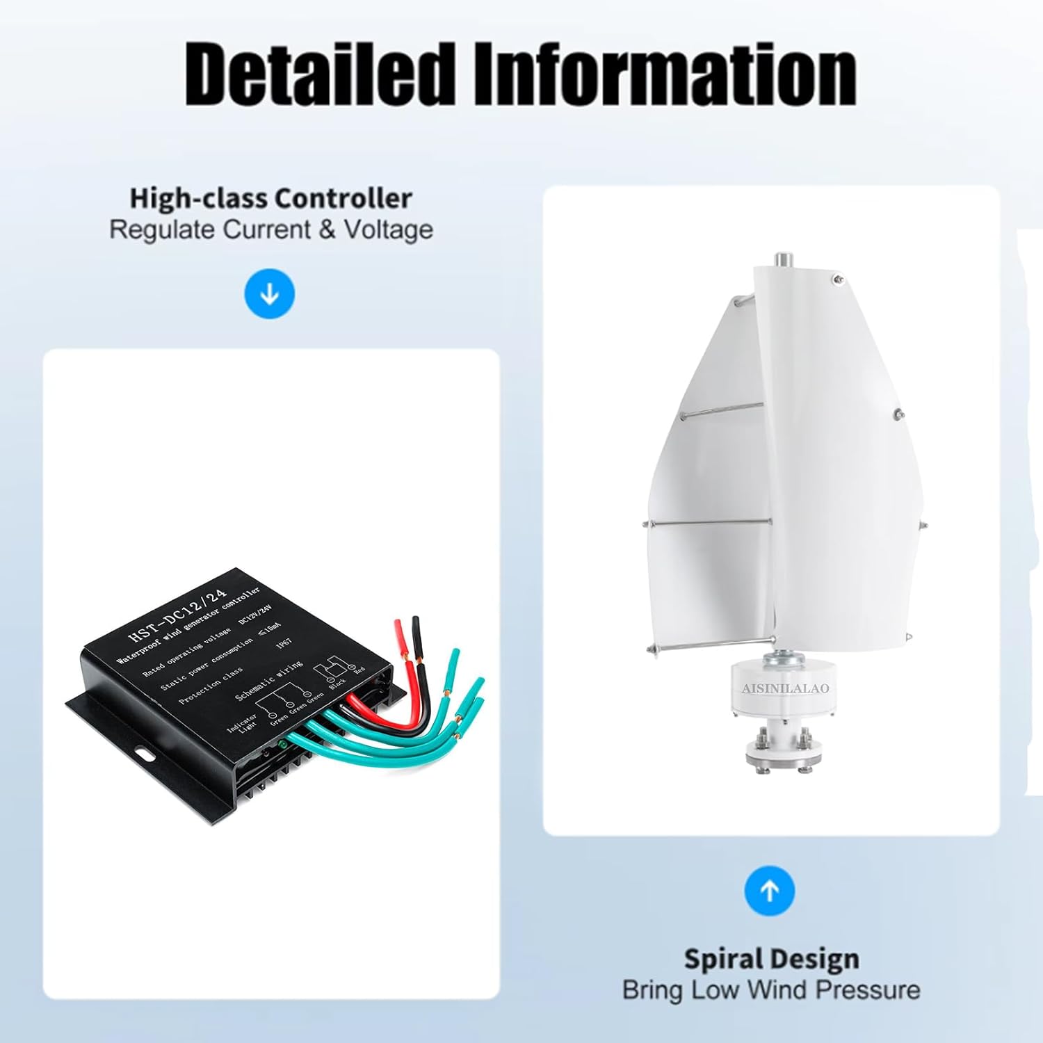 2000W Wind Turbine Generator Kit, 12V-48V Wind Power Generator, 2 Blades Spiral Blades Vertical Axis Wind Power Wind Maglev Generator with Controller