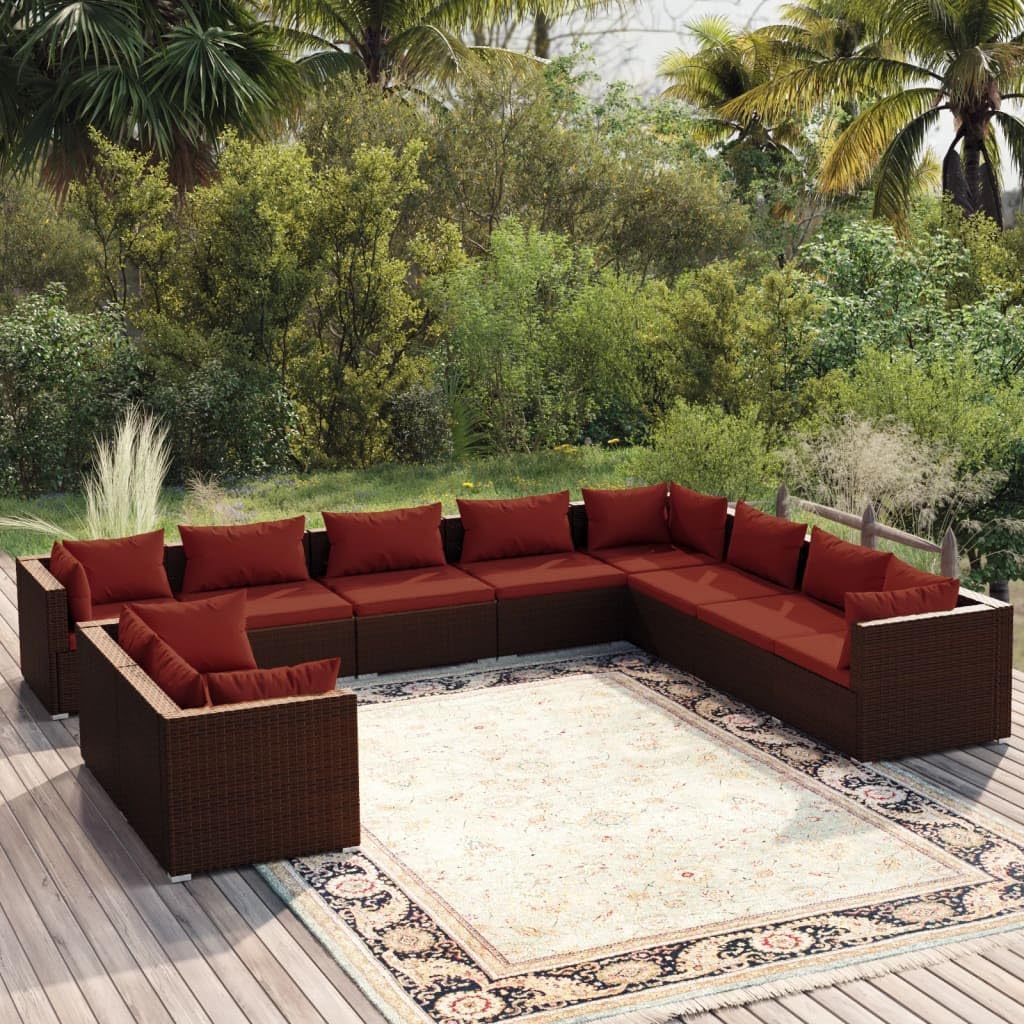 10 Piece Patio Lounge Set with Cushions Brown Poly Rattan,Modern Poly Rattan Patio Lounge Set for Relaxation and Comfort Furniture Sets for Patio, Lawn & Garden