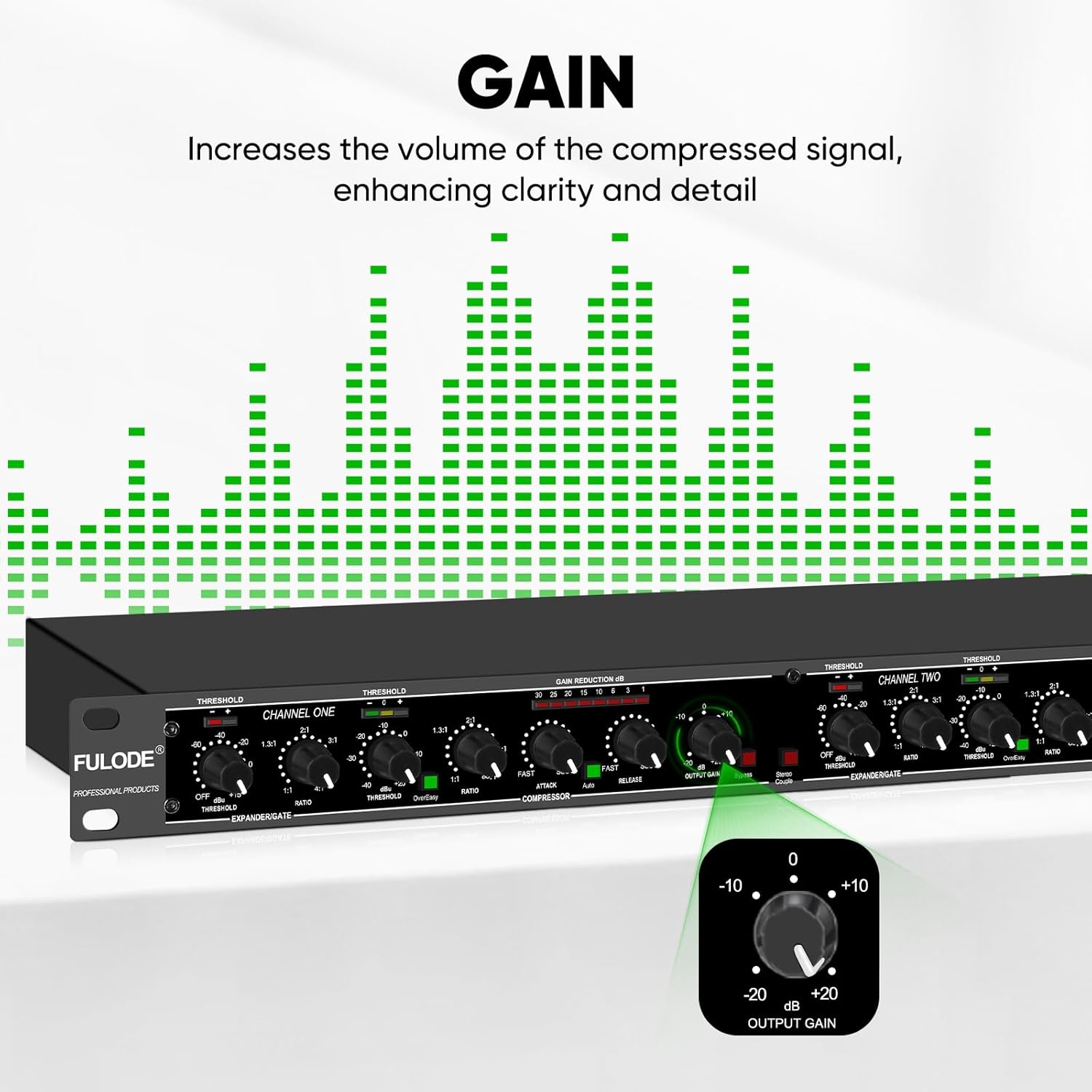 Audio Compressor, Professional Dual-Channel Rackmount Vocal Compressor/Limiter with Noise Gate, Sidechain Insert, and XLR/TRS Inputs for Studio, Live & Streaming