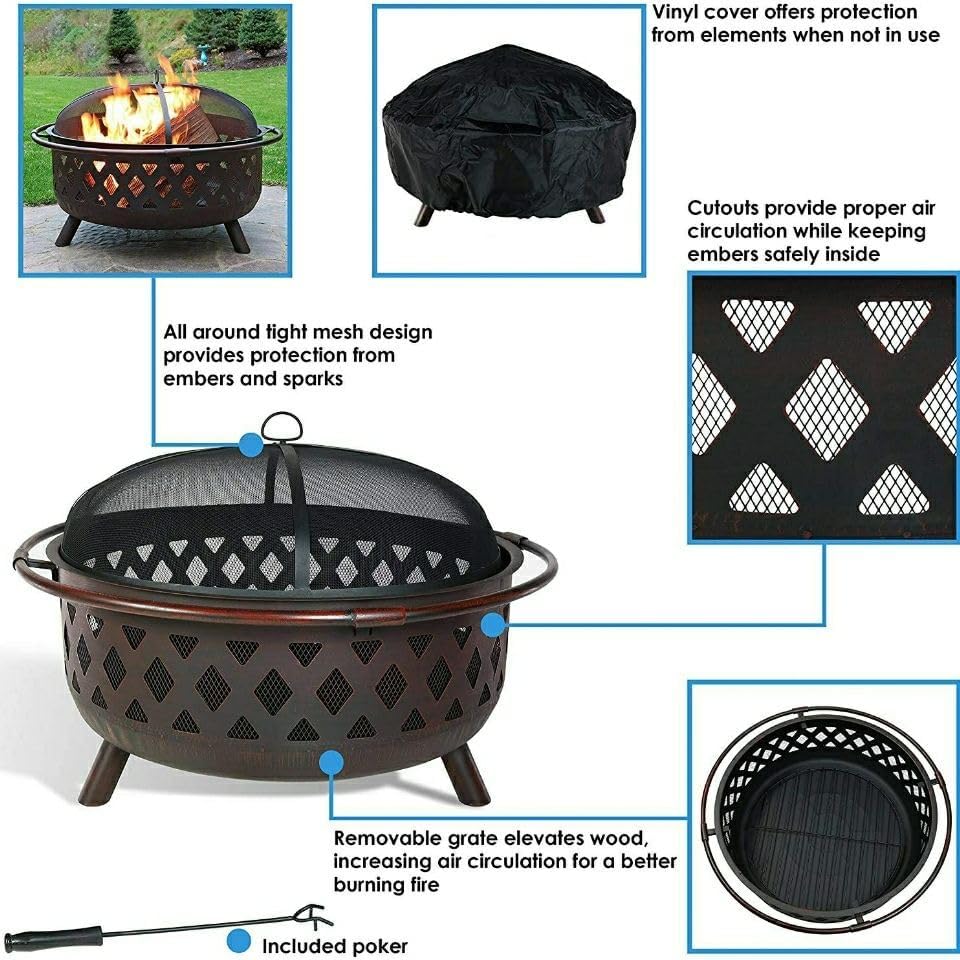 Outdoor Fireplaces Fire Pit Outdoor Wood Burning Pits Heating Large Steel BBQ Grill Bowl for Winter with Cooking Grate Fire Pits