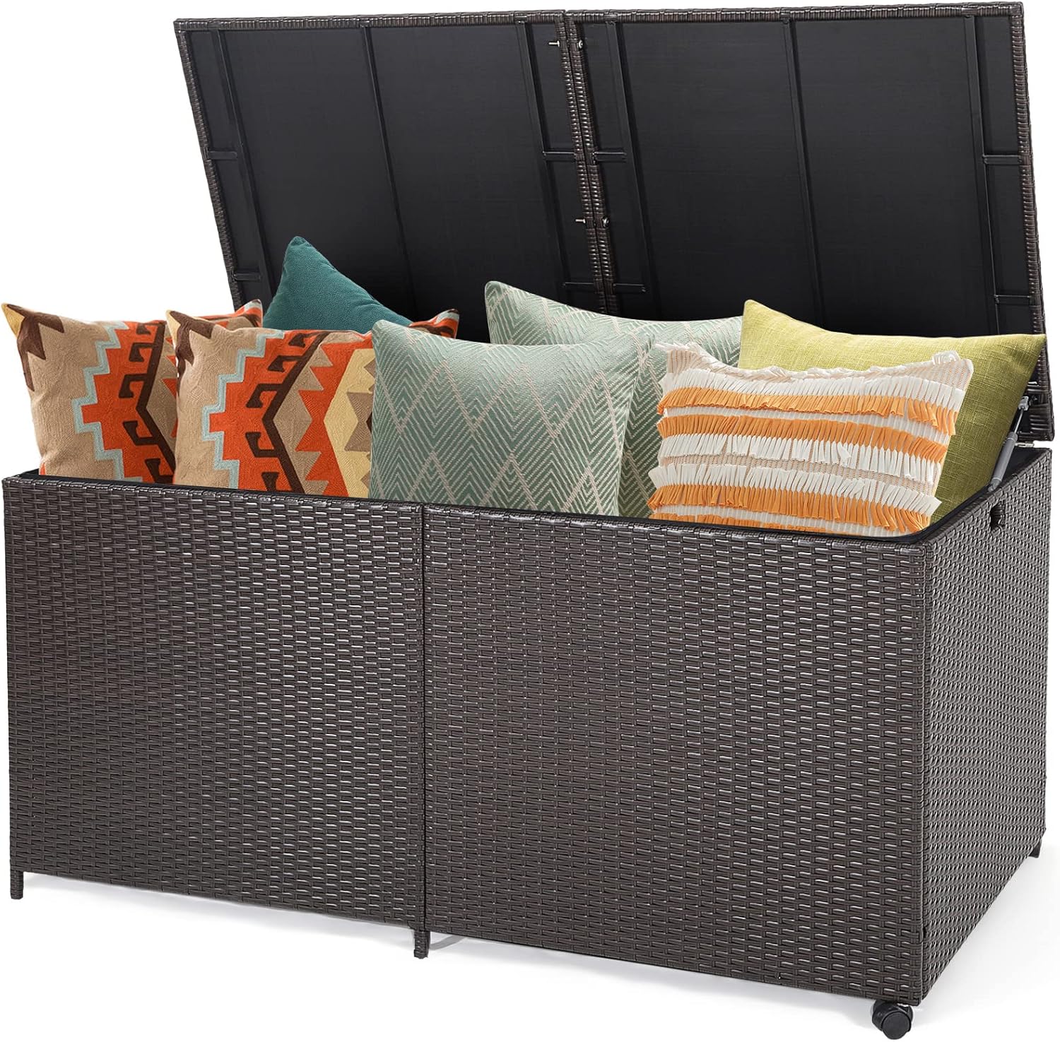 RELAX4LIFE 175-Gallon Outdoor Storage Box, Wicker Rattan Outside Storage Container Bin with Zippered Liner, 2 Universal Wheels, Gas Strut, Patio Deck Box for Backyard, Front Porch