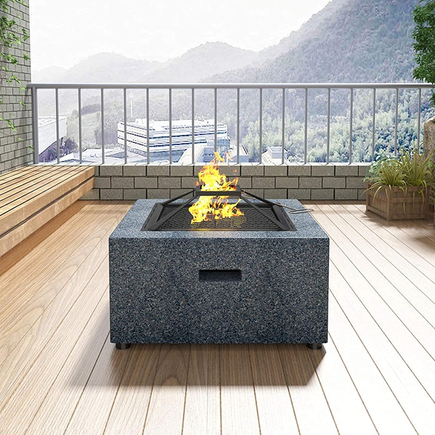 Fire Pit with BBQ Grill Shelf, for Garden Patio Outdoor, Fire Bowl Out of Steel with an Edging of Artificial Stone with Waterproof Cover