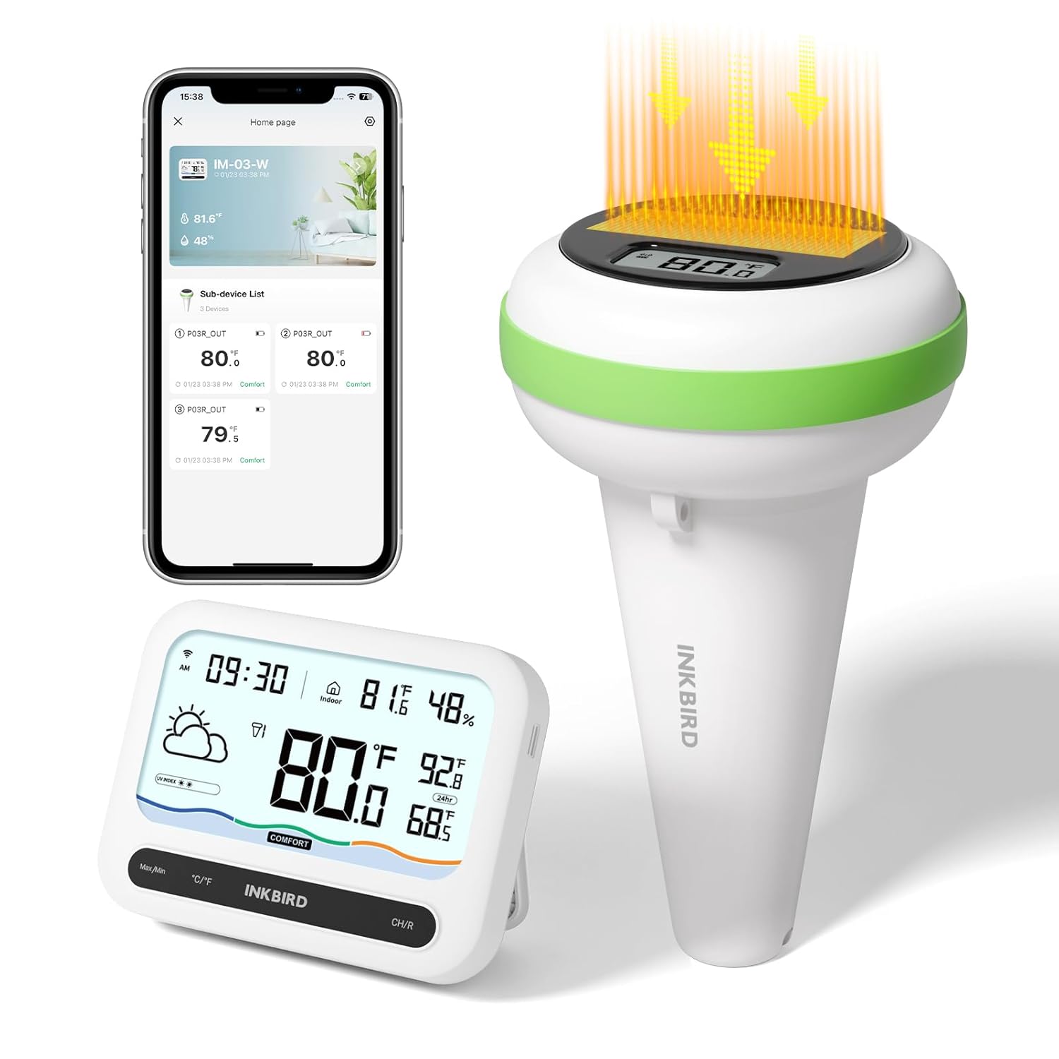 INKBIRD Solar Wireless Pool Thermometer with 7-in-1 WiFi Gateway | Indoor Temperature Humidity Monitor with Data Export | Smart Swimming Pool Thermometer for Bathtub, Pond