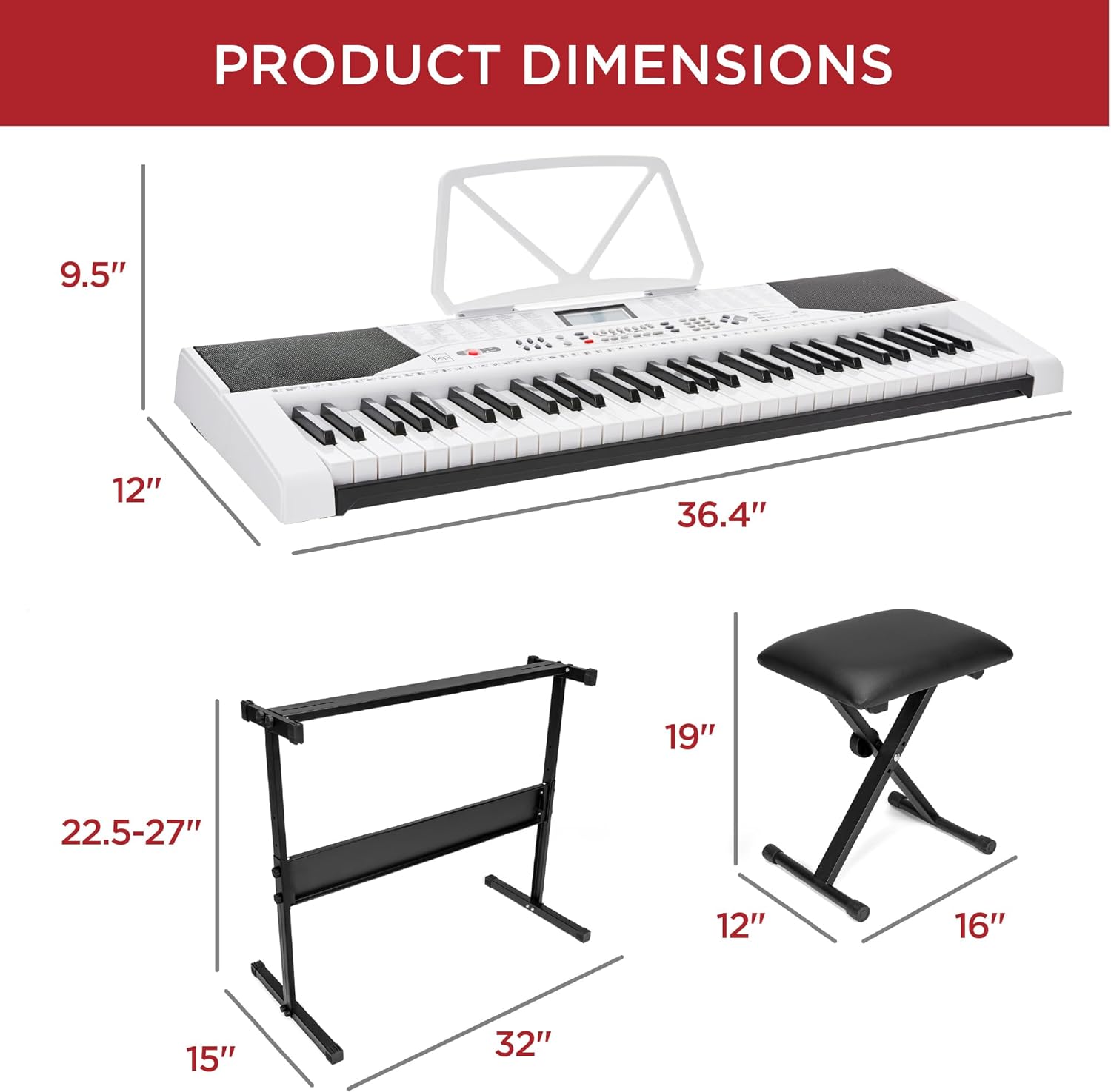 Best Choice Products 61-Key Beginners Complete Electronic Keyboard Piano Set w/Lighted Keys, LCD Screen, Headphones, Stand, Bench, Teaching Modes, Note Stickers, Built-In Speakers - White