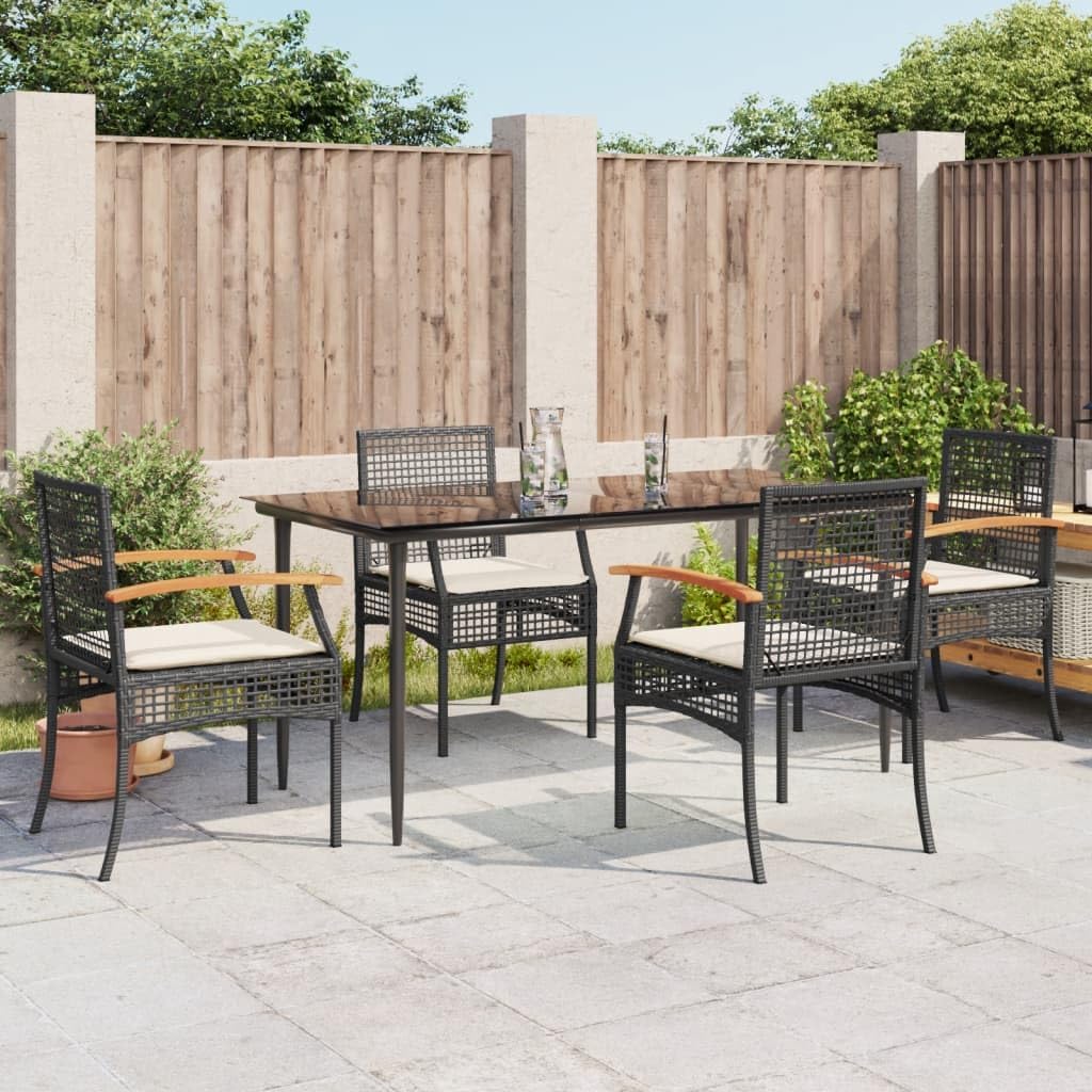 5 Piece Patio Dining Set with Cushions Black Poly Rattan Garden Furniture