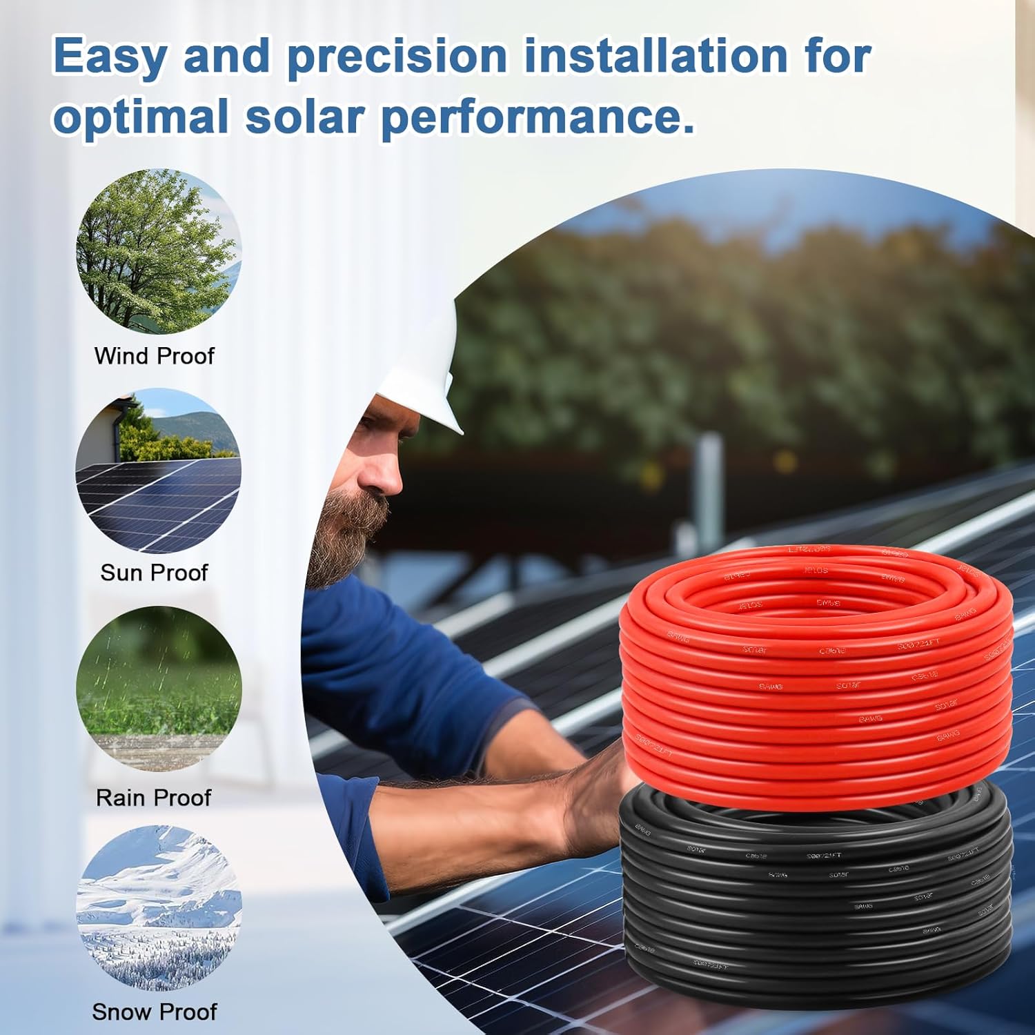Solar Panel Wire 8 AWG(10mm²) - Solar Extension Cable 30Ft Black & 30Ft Red 8 Gauge Tinned Copper PV Wire for Outdoor Automotive RV Solar Panel Boat Marine (Black+Red)