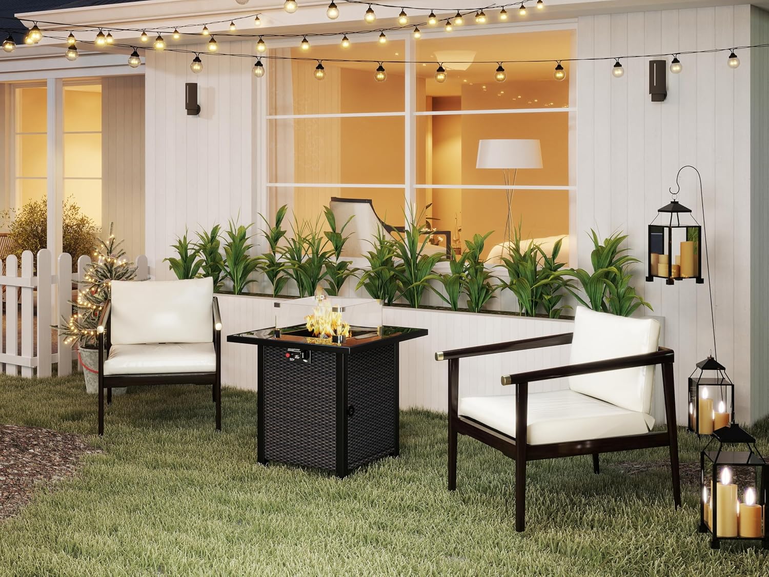 28 Inch Propane Fire Pit Table, Rattan Wicker Look, 50000 BTU Gas Firepits Tempered Glass Tabletop with Glass Windscreen Protector for Outside Patio and Garden(Brown)