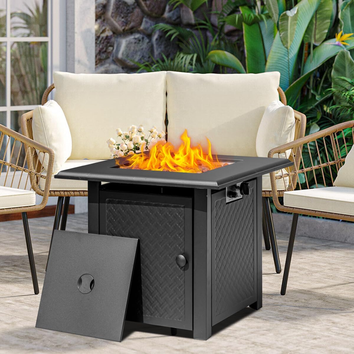 28 Inch Propane Fire Pit Table, 50,000 BTU Steel Gas Fire Pits for Outside,Outdoor Gas Firepit with Lid and Lava Rocks, Propane Firepit for Paito Garden Backyard,Add Warmth to Gatherings