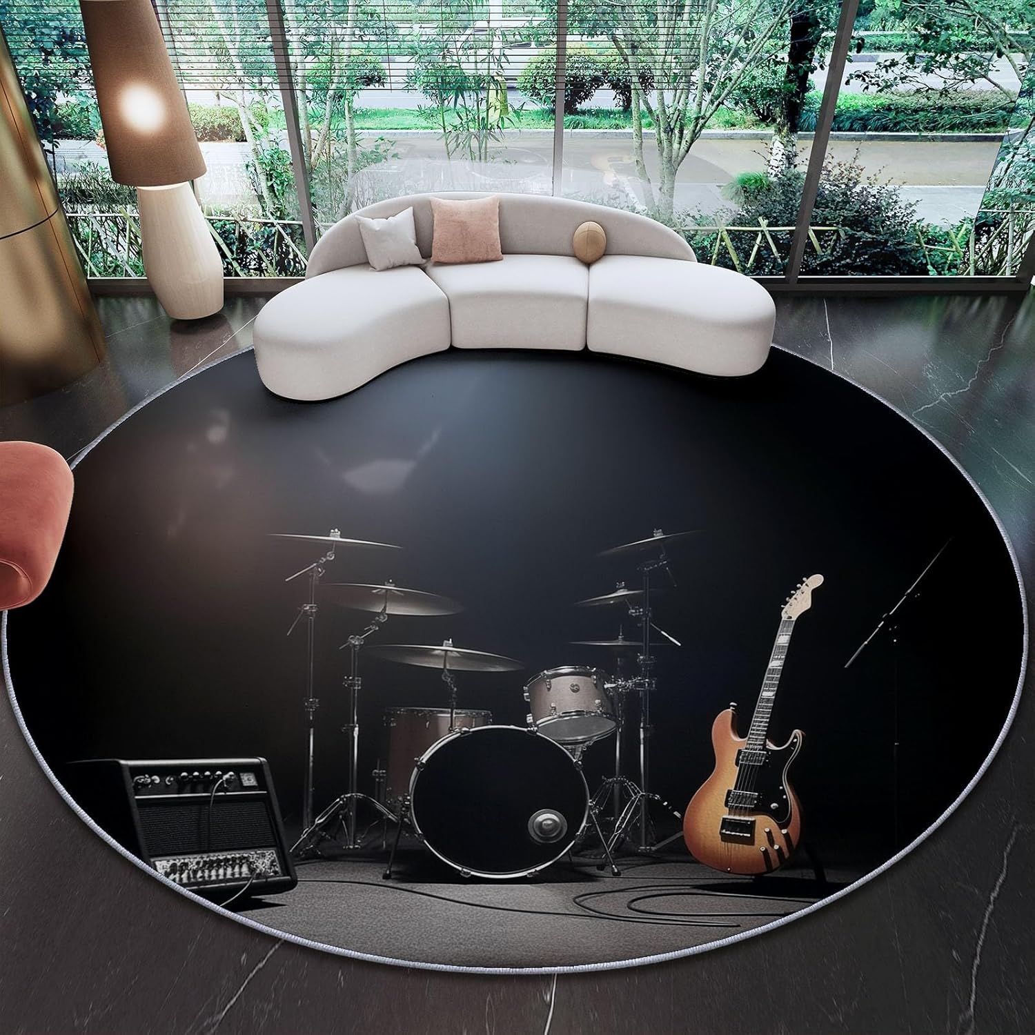 Round Area Rugs Modern Drums Electric Guitar Pattern, Black Non-Skid Lightweight Washable Area Rugs - 5 ft Soft Durable Circle Carpet for Bedroom Living Room Baby Room Nursery Bathroom Home Decor