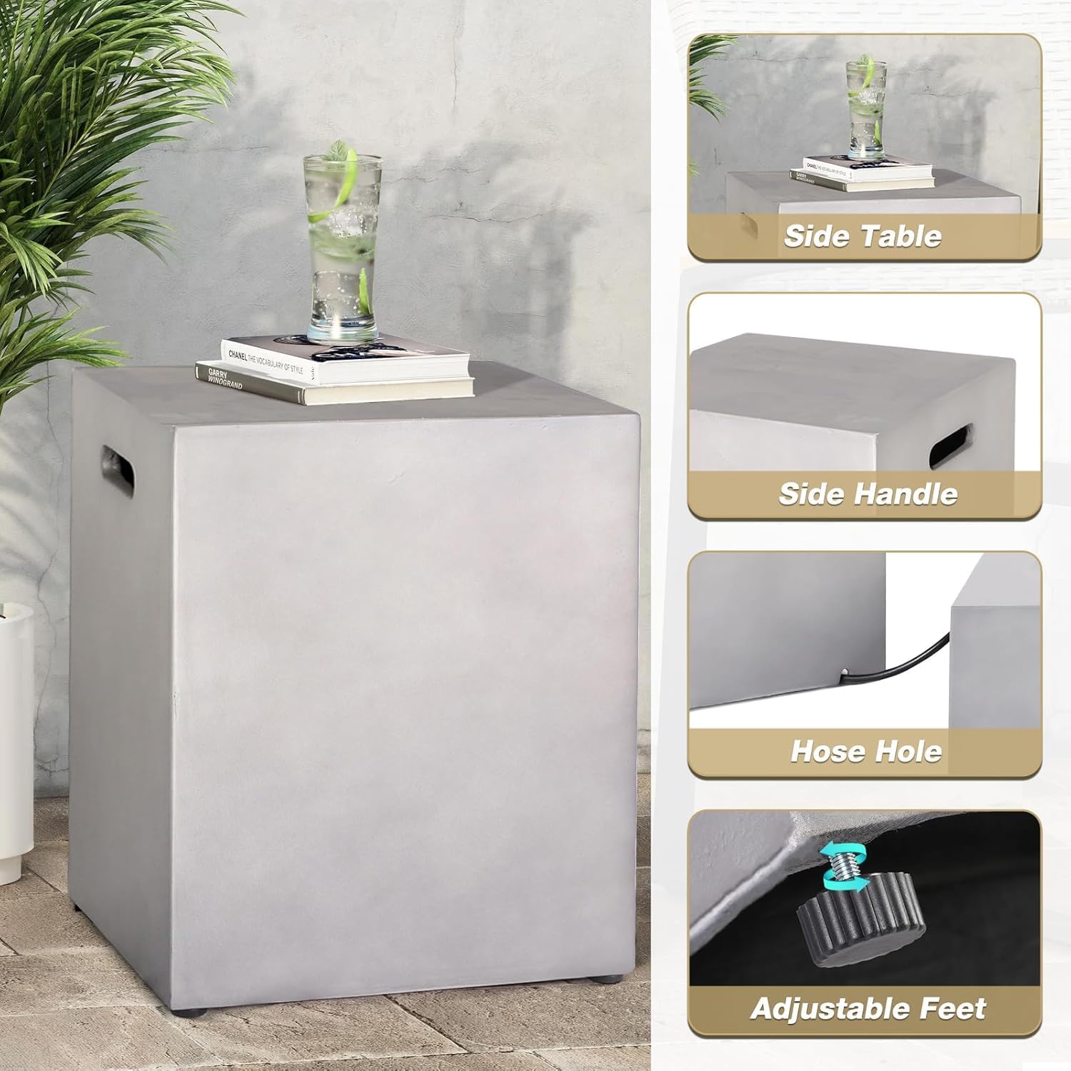 60Inch Fire Pit Table Propane with Tank Cover Windy Guard, 50,000 BTU Concrete Rectangle Firepit for Outside Patio with Metal Lid, Lava Rocks, Rain Cover, Backyard, Outdoor