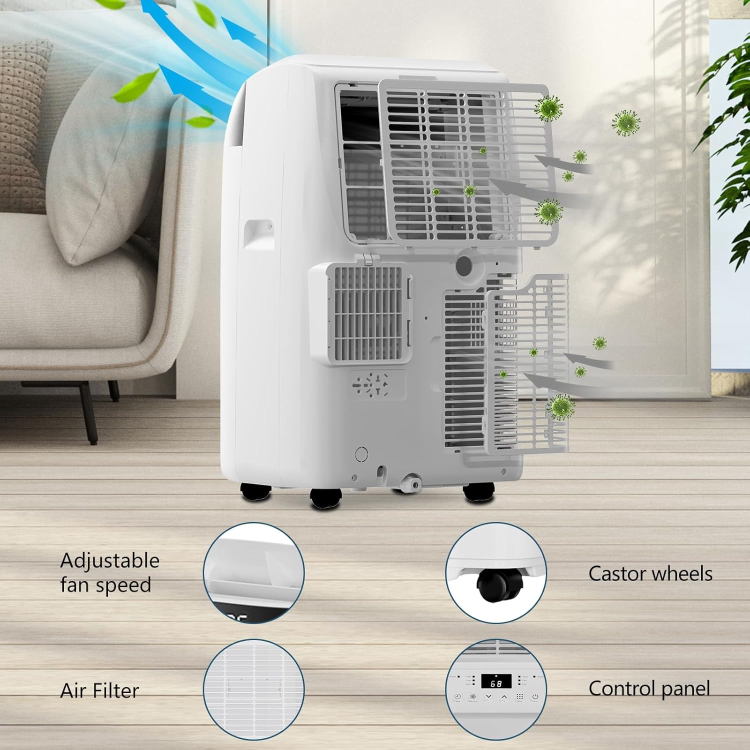 10,000 BTU Portable Air Conditioner, 3-In-1 Free-Standing Cooling AC Unit with Dehumidifier/Fan, Remote Control, Quiet Sleep Mode, 24H Timer, for Room