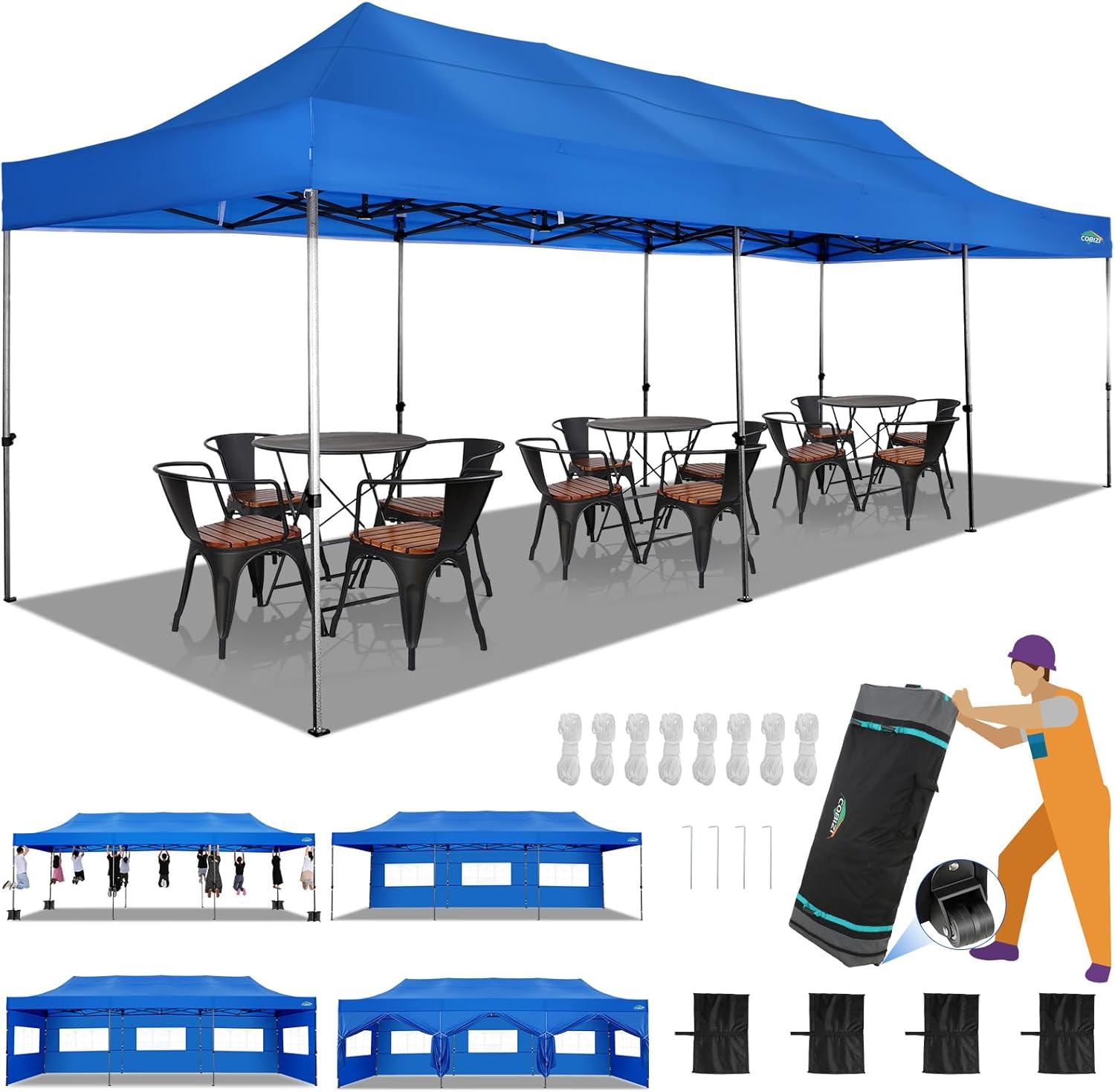 COBIZI 10x30 Heavy Duty Pop up Canopy with 8 sidewalls Party Tent for Parties Weddings Events UPF 50+ Waterproof Commercial Gazebo with Roller Bag, Blue