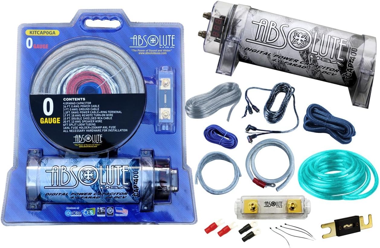 Absolute USA KITCAP0GASI 4.0 Farad Power Capacitor 0 Gauge Car Amplifier Installation Wiring Complete Kit (Silver)