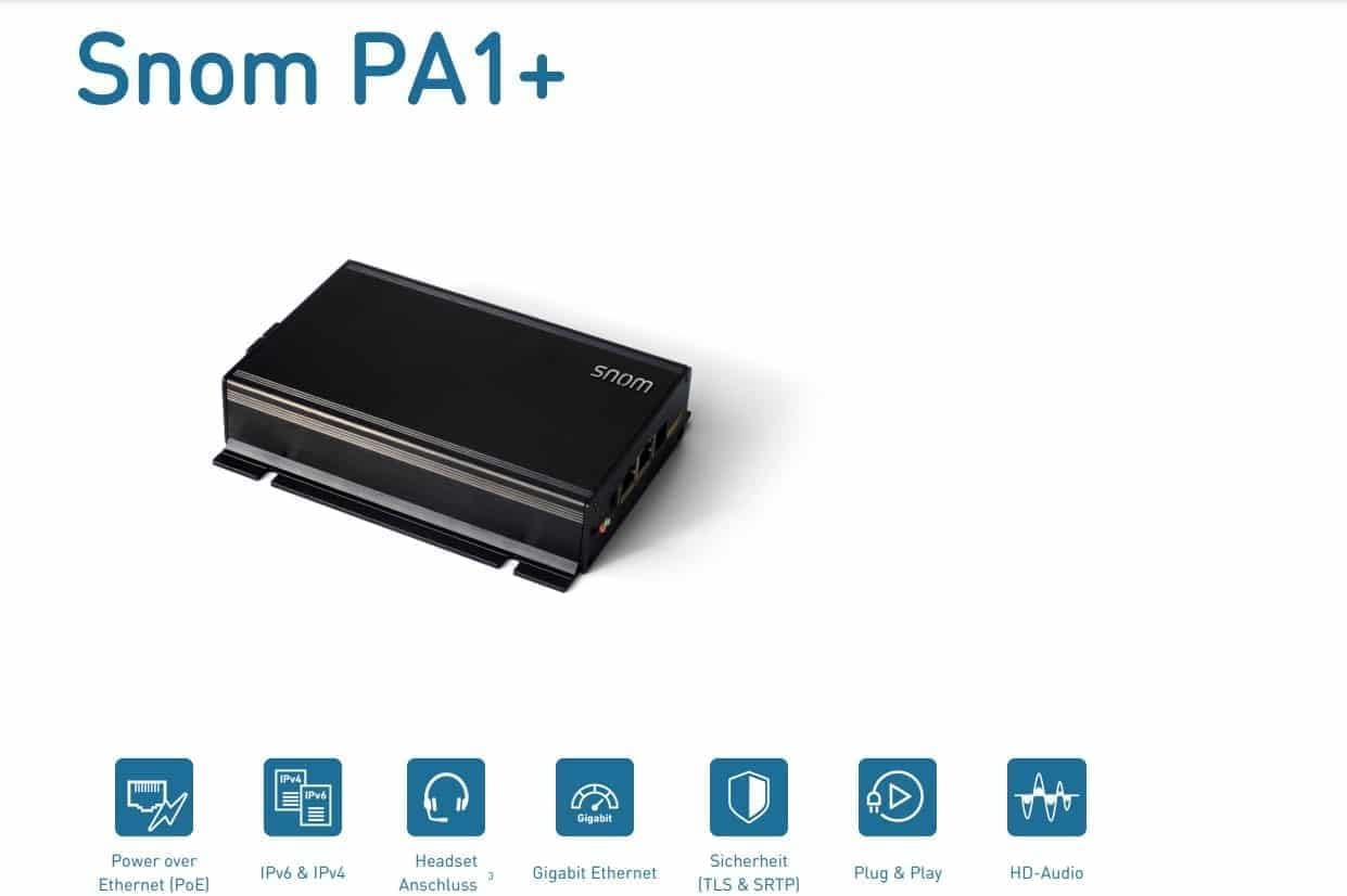 Snom PA1+ SIP-based announcement system by making a call from the phone, 6.5 watt class D amplifier, broadcast via SIP and multicast, 3 years manufacturer warranty, 00004602